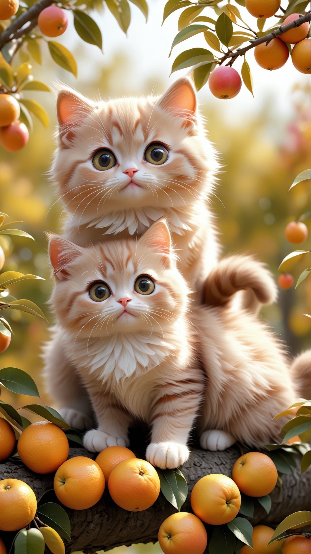 Side view shot, Turn around and look ahead, Two cute little fluffy fat kittens wearing pink coat sit down on the orange tree branch and Picking oranges from the treeand smiled happily, Autumn style, realistic high quality orange tree, oranges full the branch, maple leaves falling, big eyes so cute and beautiful, under the tree have a table, and apples and beautiful flowers, maple leaves falling, orange near flowers, Turn around and look viewers , pink flowers blooming fantastic amazing and romantic lighting bokeh, yellow flowers blooming realistic and green plants amazing tale and lighting as background, Xxmix_Catecat