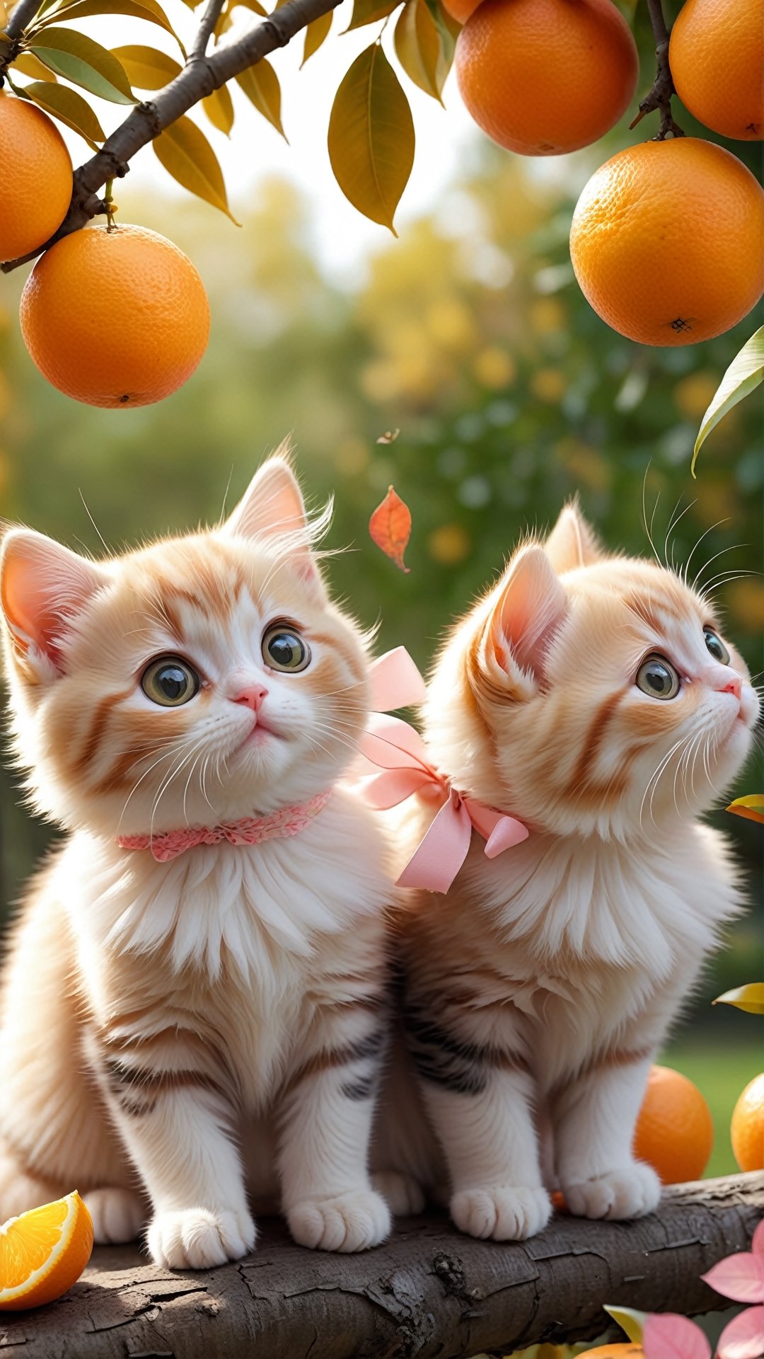 Side view shot, Turn around and look ahead, Two cute little fluffy fat kittens wearing pink coat sit down on the orange tree branch and Picking oranges from the treeand smiled happily, Autumn style, realistic high quality orange tree, oranges full the branch, maple leaves falling, big eyes so cute and beautiful, under the tree have a table, and apples and beautiful flowers, maple leaves falling, orange near flowers, Turn around and look viewers , pink flowers blooming fantastic amazing and romantic lighting bokeh, yellow flowers blooming realistic and green plants amazing tale and lighting as background, Xxmix_Catecat