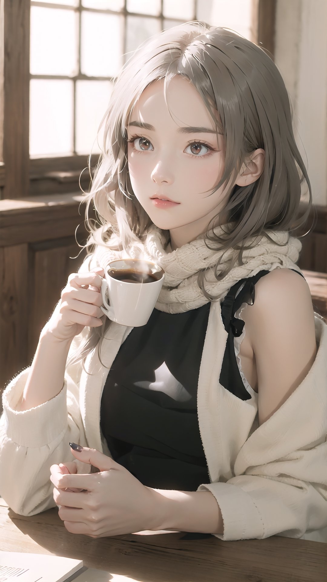 amiya(arknights), 1girl,8k wallpaper,extremely detailed figure, amazing beauty, detailed characters, {detailed background},aestheticism, sitting, winter, coffee shop, corner, coat, scarf, large breasts, gray hair, red eyes, emotionless, obedient, obedient, thick eyebrows, small nose, full lips, long eyelashes, delicate neck, slender shoulders, bare arms, delicate hands, long fingers, pointed nails, high cheekbones, oval face, smooth skin, rosy cheeks, cup of coffee, saucer, steam, warm, cozy, comfortable, relaxed, calm, quiet, peaceful, serene, contemplative, close-up, best quality, amazing quality, very aesthetic, absurdres, Christmas dresses 