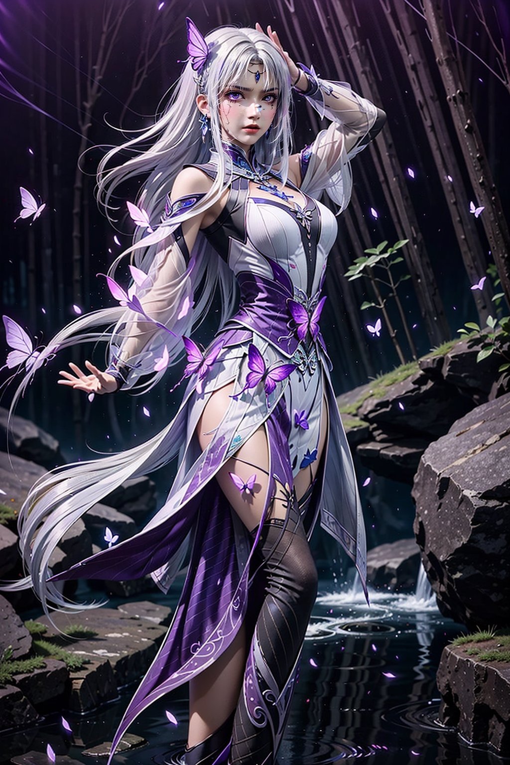 masterpiece,best quality,official art,extremely detailed CG unity 8k wallpaper,1girl, white hair, purple eyes, angry, frown, purple fire, cowboy shot, waterfall, butterfly, reflection, tree, light rays, caustics, light particles,  ,1 girl,ayaka_genshin,midjourney,wonder beauty 