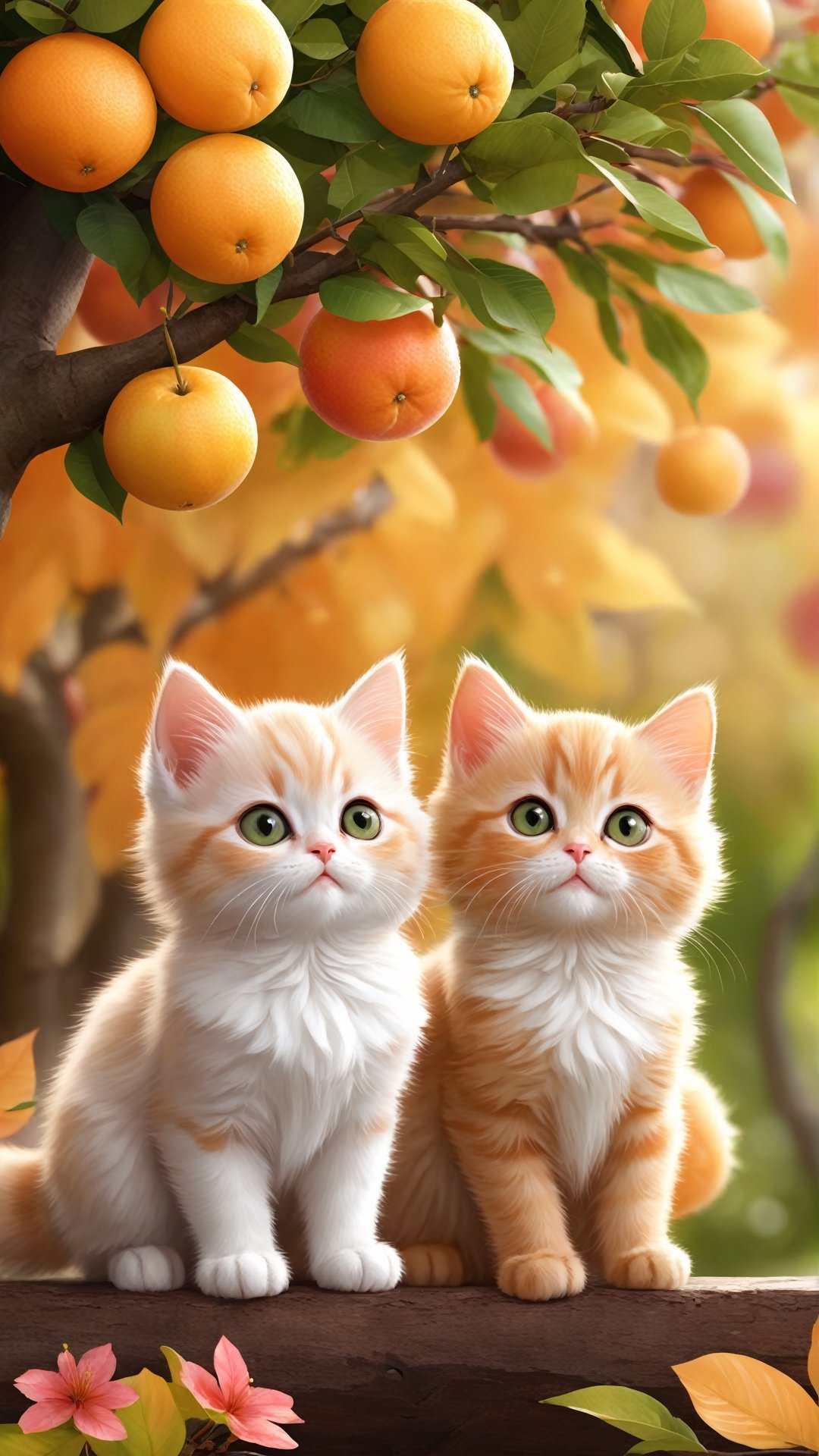 Side view shot, Turn around and look ahead, Two cute little fluffy fat kittens wearing pink coat sit down on the orange tree branch and Picking oranges from the treeand smiled happily, Autumn style, realistic high quality orange tree, oranges full the branch, maple leaves falling, big eyes so cute and beautiful, under the tree have a table, and apples and beautiful flowers, maple leaves falling, orange near flowers, Turn around and look viewers , pink flowers blooming fantastic amazing and romantic lighting bokeh, yellow flowers blooming realistic and green plants amazing tale and lighting as background, Xxmix_Catecat