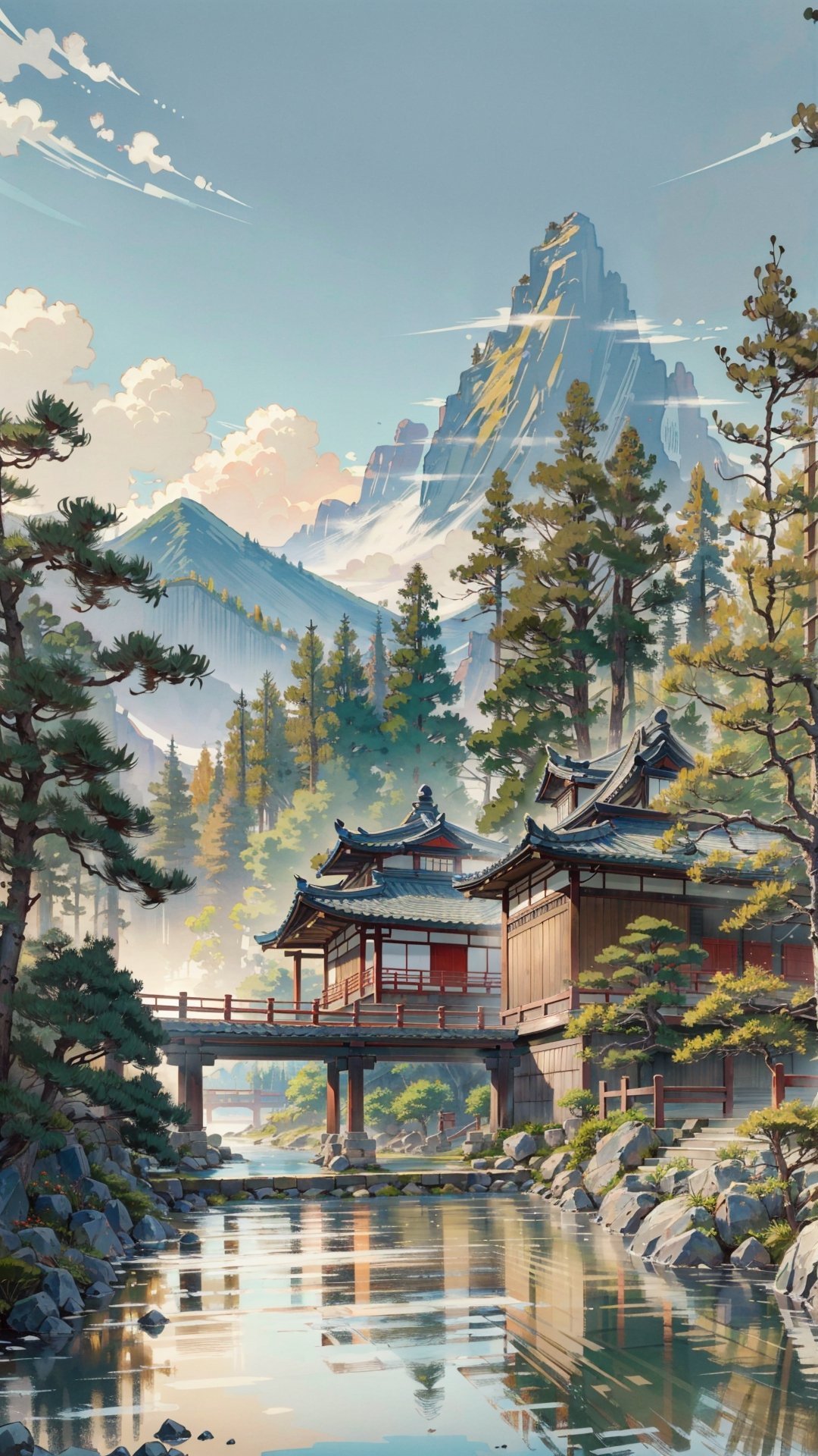 Masterpiece, best quality, ultra-detailed, (no humans: 1.5), distant mountains, ancient Chinese buildings, structurally intact wooden bridges, rivers, boulders, soft natural sunlight, mixed Chinese landscape style elements,japanese_garden_background,LODBG