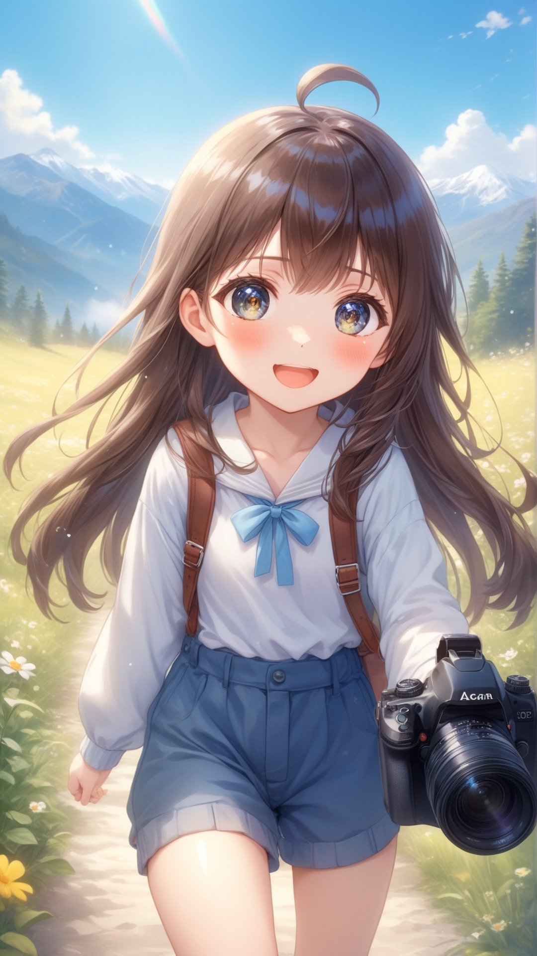 high quality, 8K Ultra HD, highly detailed, masterpiece, A digital illustration of anime style, soft anime tones, Feels like Japanese anime,  Create a digital illustration of a cute kawaii anime-style 20-year-old girl holding a camera and aiming to in the middle of the great outdoors, She is full of energy and enthusiasm, and her bright smile and cheerful expression reflect her passionand love for nature, Her anime-style features include big sparkling eyes, a small nose, and a cute mouth. She has long hair that flows in the breeze and is wearing a casual yet stylish outfit suitable for exploring the wilderness, The background should be a beautiful natural landscape, such as a forest or a mountain range, to emphasize the girl's love of nature and adventure, by yukisakura, The illustration should be highly detailed, ,1 girl,More Detail,ral-chrcrts