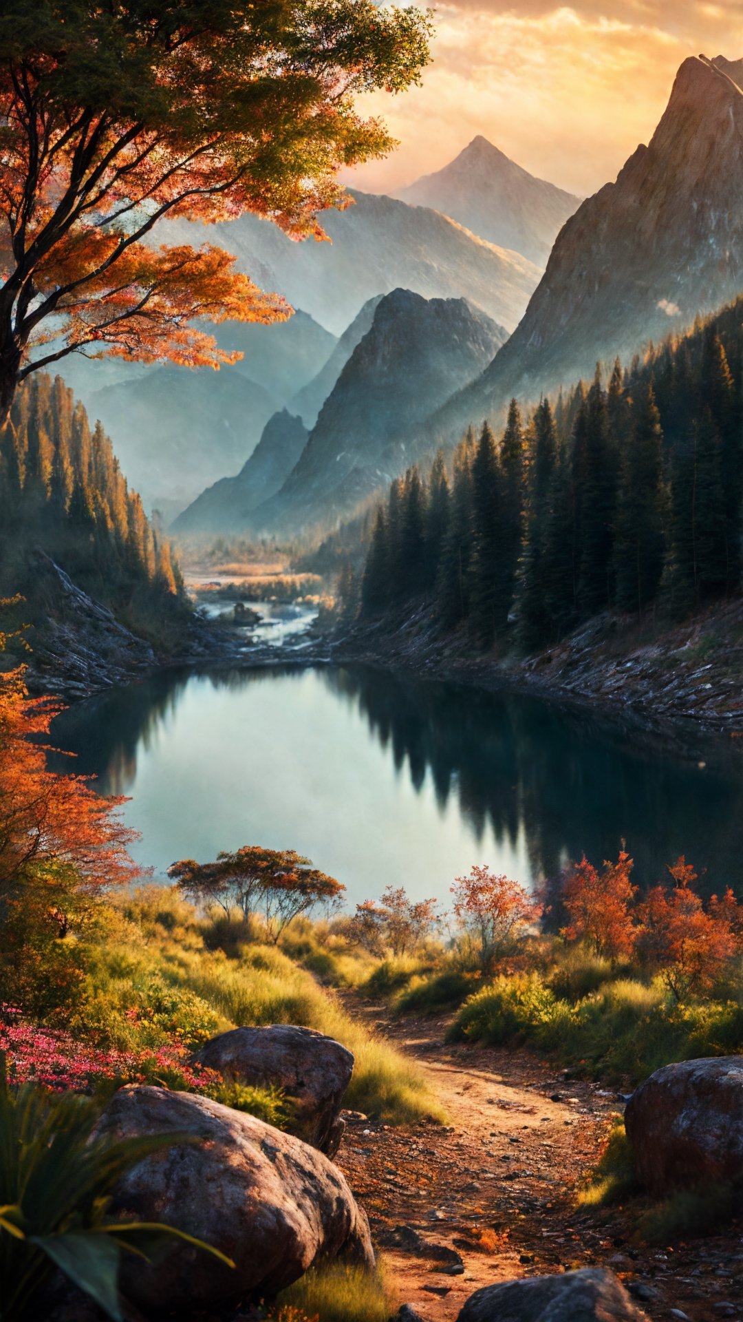 (best quality, 8K, ultra-detailed, masterpiece), (cinematic, photorealistic), Craft an awe-inspiring 8K landscape masterpiece that showcases the breathtaking beauty of nature. The scene should be cinematic in scope, with every detail meticulously rendered for photorealism. Ensure that the landscape is ultra-detailed, capturing the intricacies of every element in the composition, from the terrain to the foliage. Let this artwork transport the viewer into a world of natural wonder, where they can immerse themselves in the splendor of the outdoors.