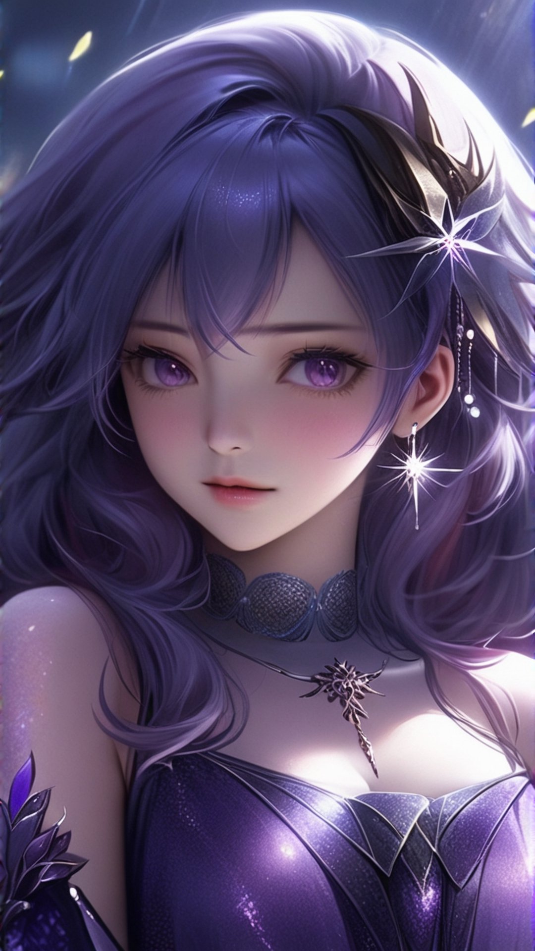 ((masterpiece:1.4)), ((best quality:1.4)), ((ultra_highres)), 8k, 1girl, purple_hair, glitters, super HD, dark, upper_body, purple dress, ultra_detailed, pixiv, trending on danbooru, ((anime style)), niji-5,photo r3al,xxmixgirl,6000