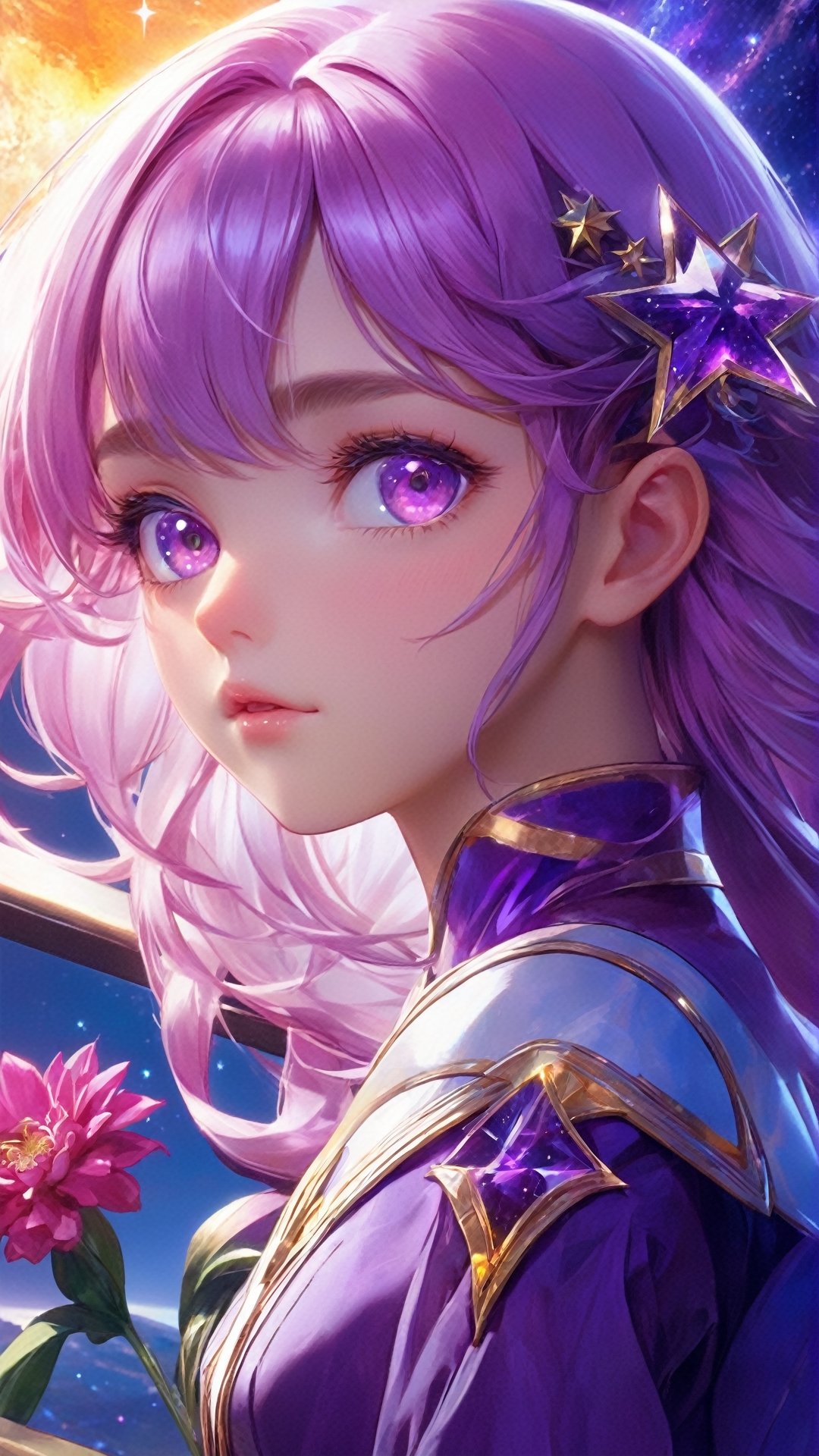 masterpiece, best quality, ultra-detailed, illustration, , , 1girl,solo, image body, flower, looking at viewer, , , purple eyes, jewel-like eyes, extremely detailed eyes, extremely detailed face,, , star (sky), constellation, purple energy, railing, meteor,nm1