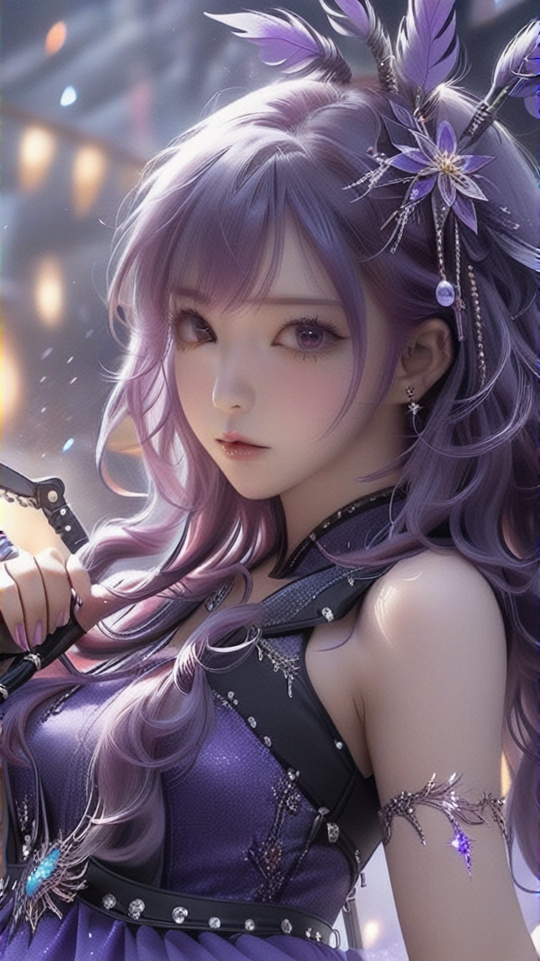 ((masterpiece:1.4)), ((best quality:1.4)), ((ultra_highres)), 8k, 1girl, purple_hair, glitters, super HD, dark, upper_body, purple dress, ultra_detailed, pixiv, trending on danbooru, ((anime style)), niji-5,photo r3al,xxmixgirl,6000,bagpipeqr,yua_mikami