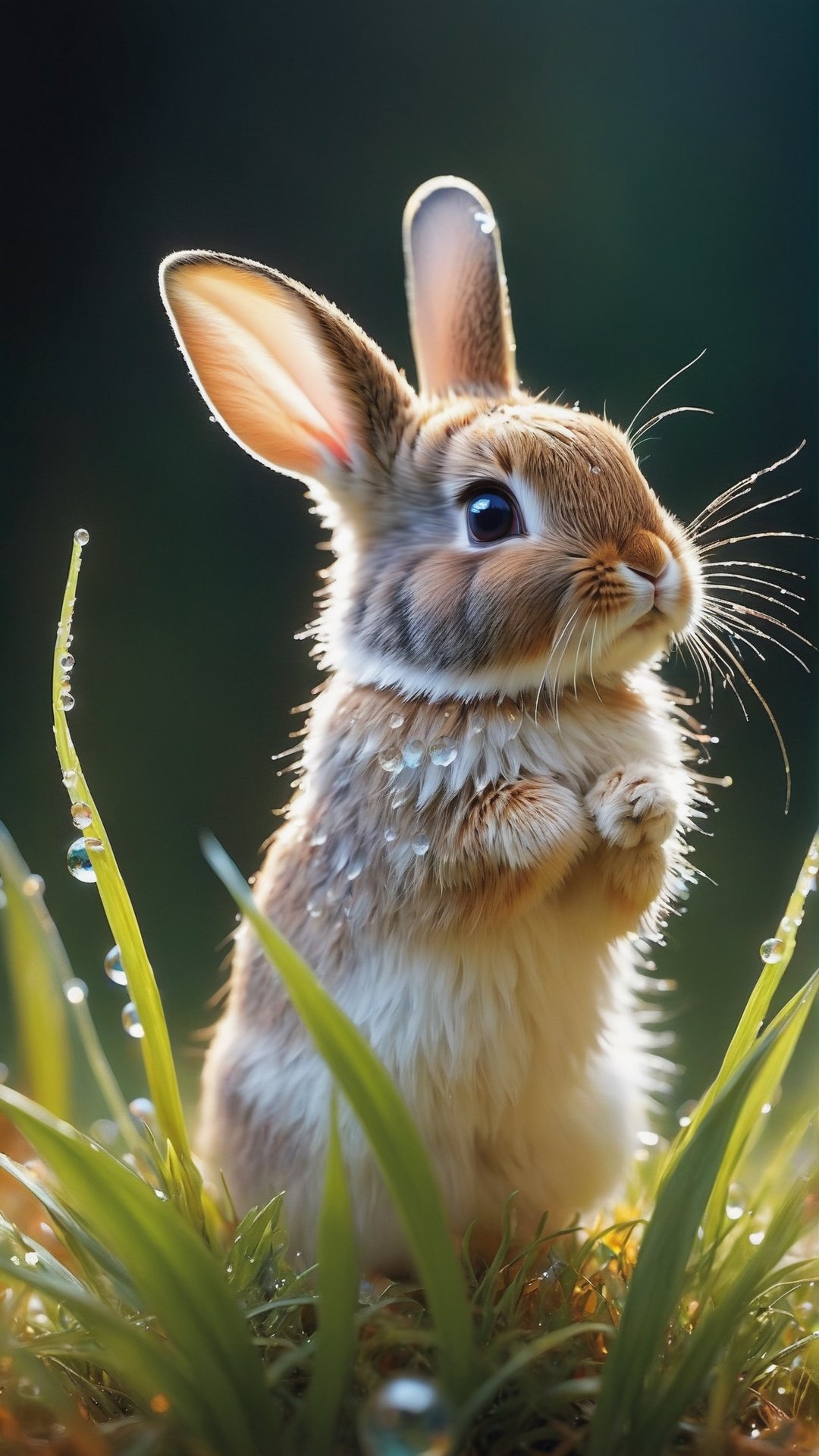 In this marvelous work of art, a whimsical and endearing scene comes to life. At the center, a captivating macro photograph captures the heartwarming sight of a tiny, adorable Rabbit  joyously playing with a fairy. The vibrant grass, adorned with dew drops, creates a picturesque backdrop that exudes the essence of fall. Rich and warm lights illuminate the scene, casting a magical aura over the tiny creatures and their surroundings. With meticulous attention to detail, this high-quality photograph is a visual treat that radiates charm, inviting viewers to immerse themselves in its delightful atmosphere. Surrealist art,