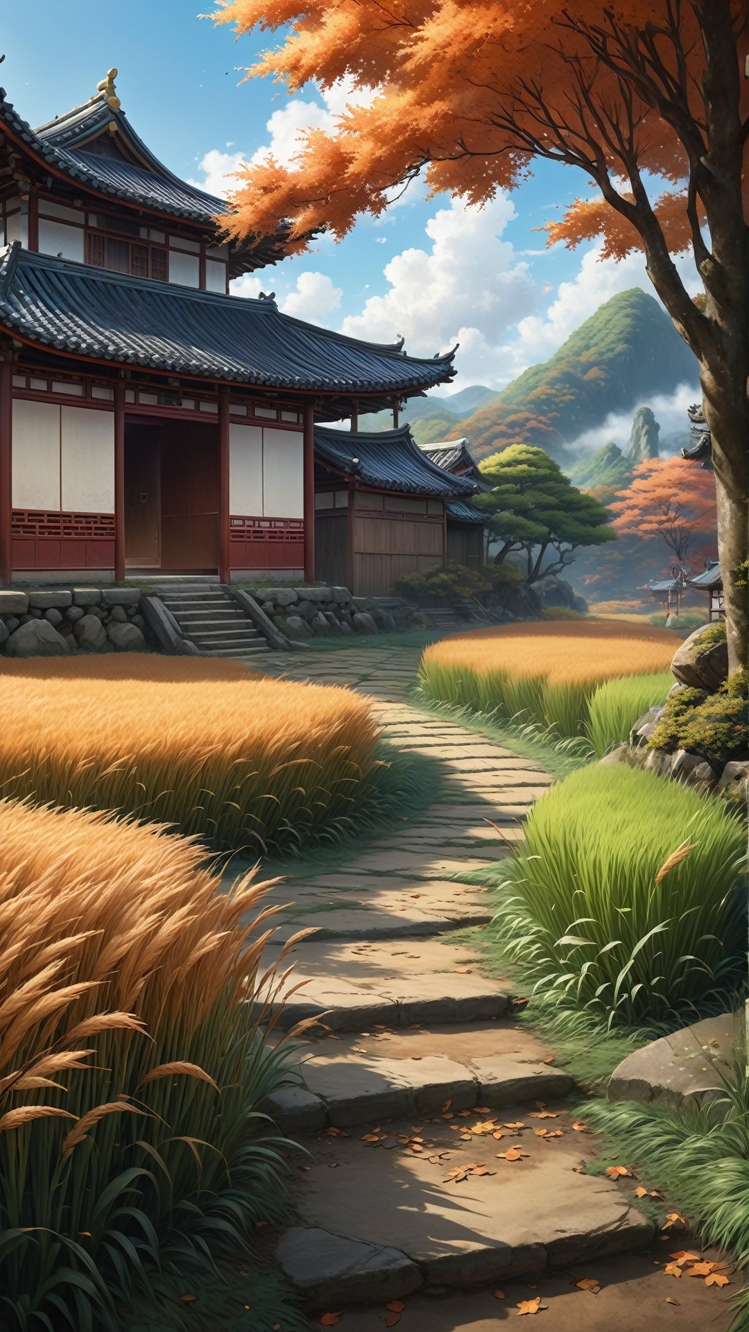 Beautiful ((isekai fantasy)) landscape of field, autumn, dog's tail grass in the ground, one chinese house in the corner, Narashige Koide, Anthropological science fiction, matte painting, cloisonnism, Instagram, asashina, Manga, leaf is falling