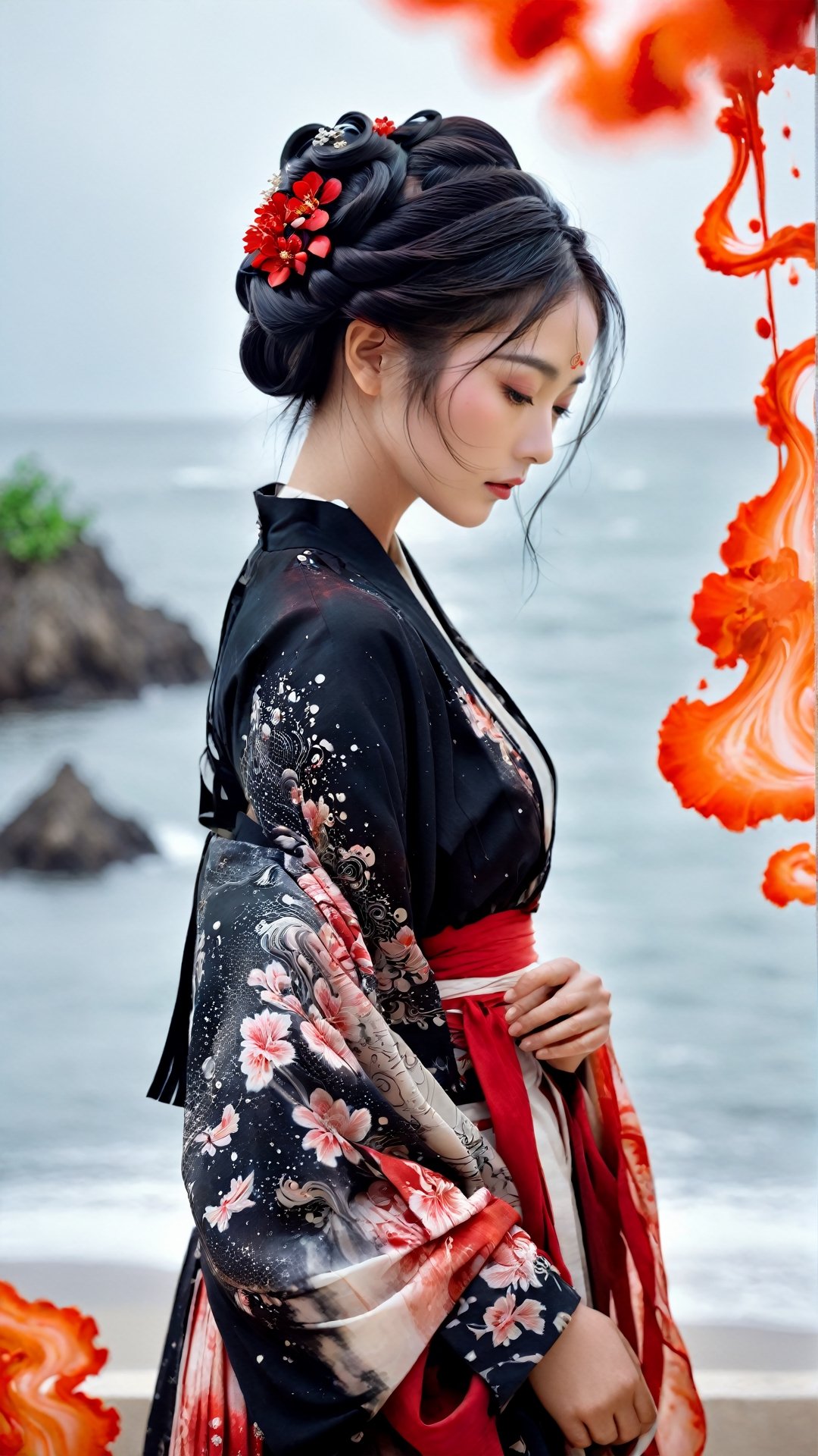 A poetic photography capturing a girl in elegant jin clothes,  surrounded by swirling ink fluid effects. The girl's attire is adorned with intricate patterns,  and she stands gracefully amid a sea of red and black. Her expression is serene as she gazes into the distance,  lost in thought. The ink fluid gracefully dances around her,  creating a dreamlike ambiance. Photographed in an intimate setting with soft lighting.,  (masterpiece, best quality:1.5),Eimi,kitakoumae