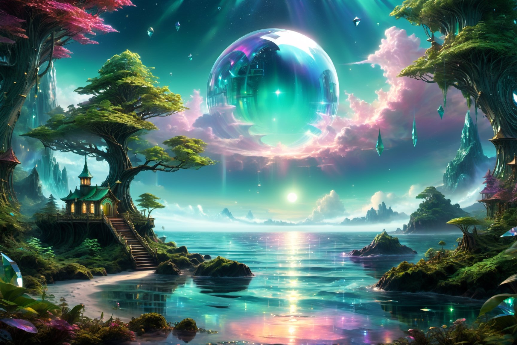 ocean,tropisl coast ,elven  fantasy art, cinema 4d, matte painting, polished, beautiful, colorful, intricate, eldritch, ethereal, vibrant, surrealism, surrealism, vray, nvdia ray tracing, cryengine, magical, 4k, 8k, masterpiece, crystal, romanticism -- Create a stunning landscape of an illuminated enchanted forest in the twilight. The painting should have a soft, ethereal lighting and vibrant pastel colors. The style should be realistic, resembling the works of Thomas Kinkade. Use oil on canvas as the medium, focusing on creating a high-definition scenic painting. in Brooding landscapes, epic scale, German myth, layered symbolic density,360 View,DonMCyb3rSp4c3XL