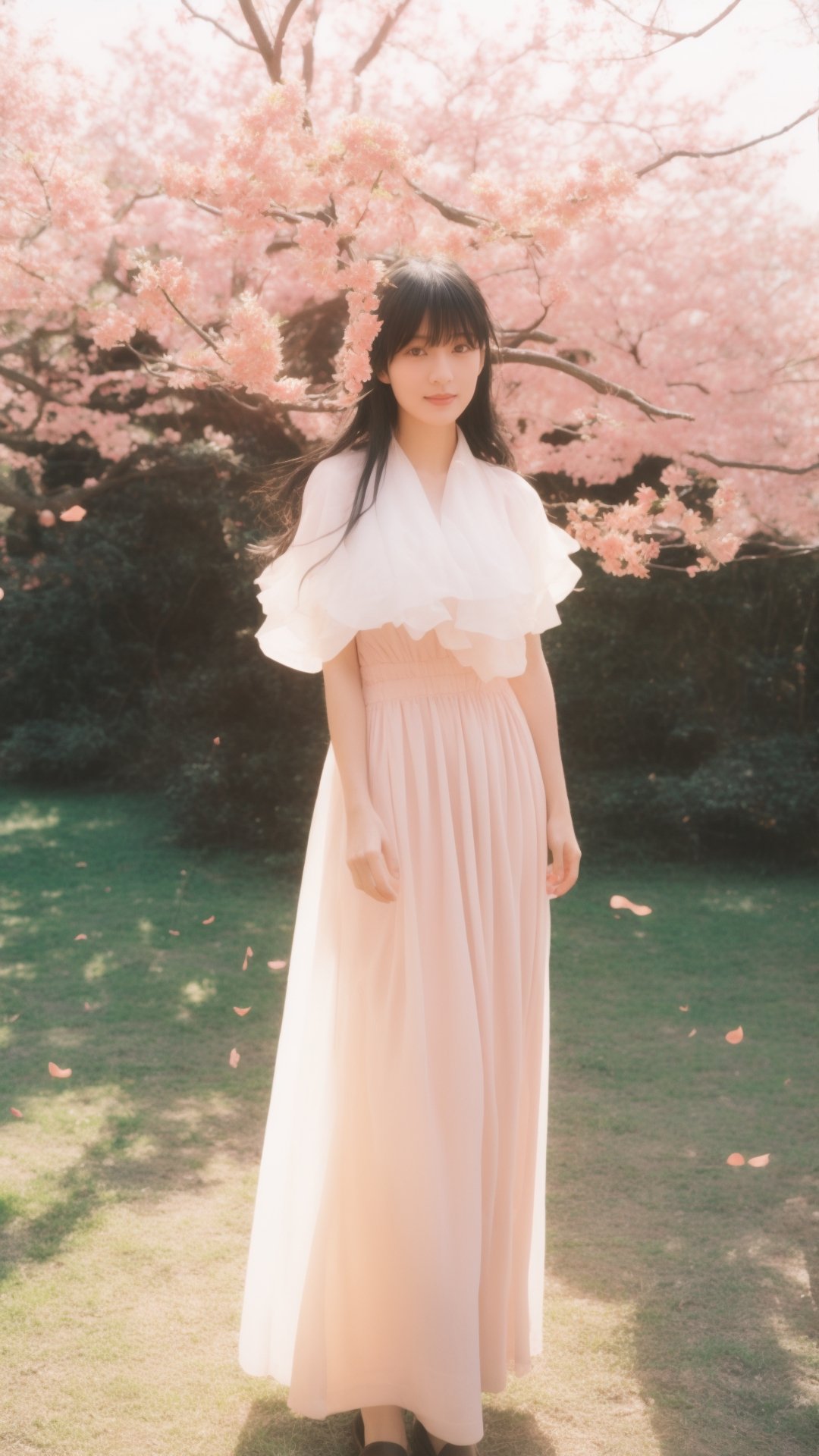 Analog film photo short beizi, smile, bangs, long hair, ((nude)), full body, she is standing under a peach tree, petals are flying, spring, beautiful sunlight, pretty light, beautiful face, long eyelashes, charming eyes, Highly detailed, faded film, desaturated, 35mm photo, grainy, vignetting, vintage, Kodachrome, Lomography, smudged, very detailed, found footage,1girl