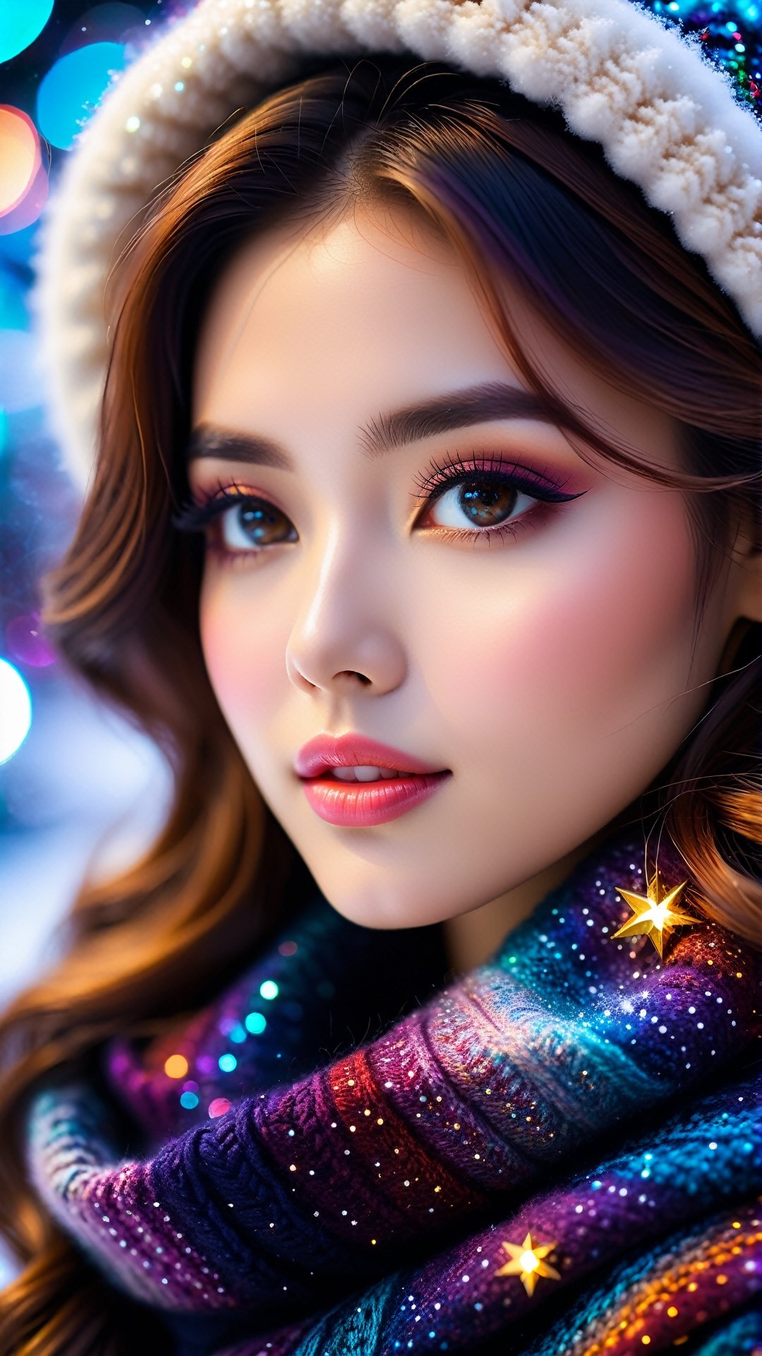 close up angle of (( winter clothes women)),  detailed focus, deep bokeh, beautiful, dreamy colors, dark cosmic background, best camera, ,photo r3al,Apoloniasxmasbox