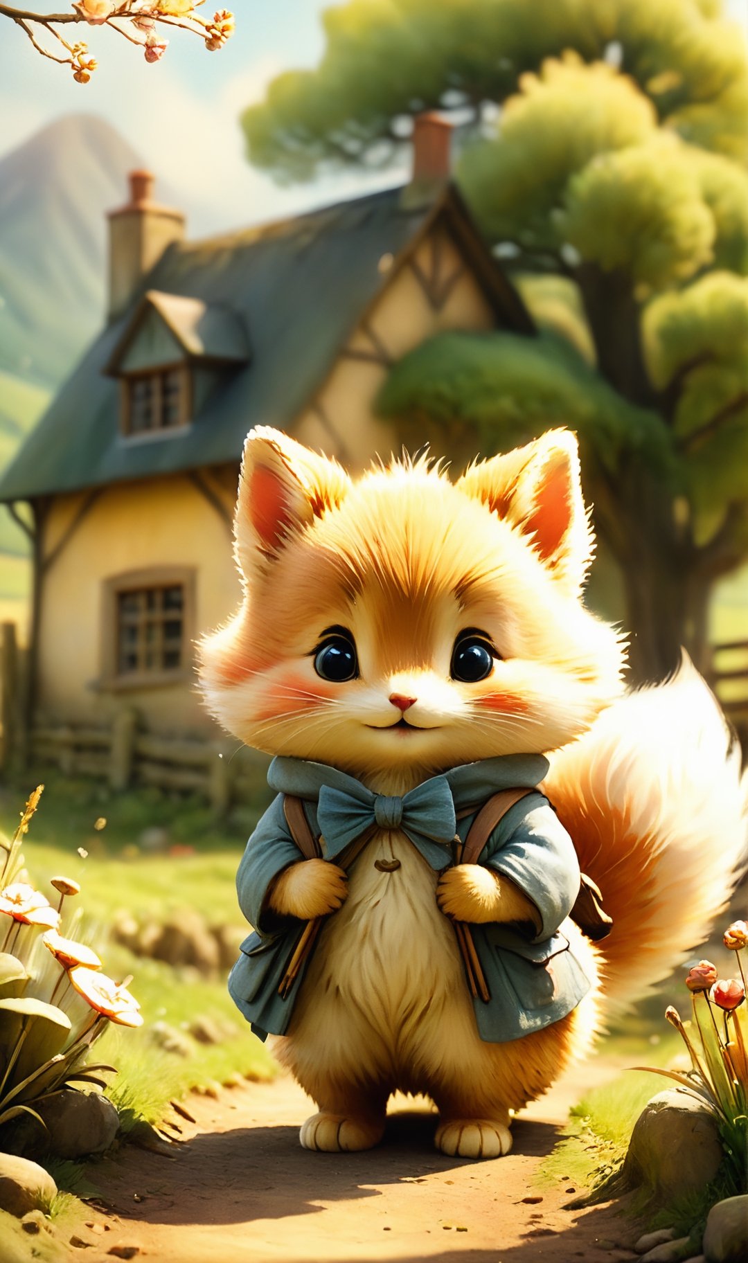 cinematic still Beatrix Potter style watercolor. Chibi style, they are in a rural school, a landscape of pastel colors, emotional, harmonious, vignette, highly detailed, high budget, bokeh, cinemascope, moody, epic, gorgeous, film grain, grainy, detailmaster2, Leonardo Style,kitsune,360 View,Xxmix_Catecat