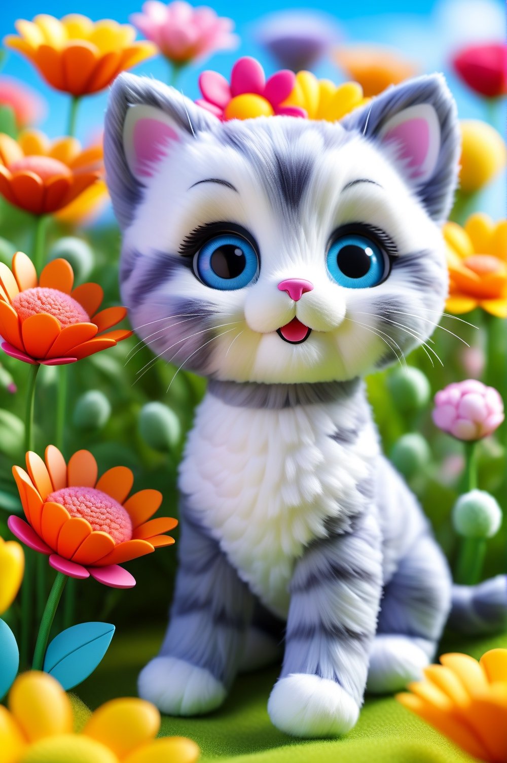 Imagine a doll made entirely of grey cotton in the shape of a kitten, cute and young, a new born one, without hair as it is a doll, 3/4 vision, pixar style, cute and happy character in a pose for a portrait, summer landscape, where all the flowers are colorful. Very colorful image but without saturation. Intricate art, 8k resolution, masterpiece, detailed background, handmade doll looking young and very cute cat (not a cat), depth of field, 3d style.,moonster