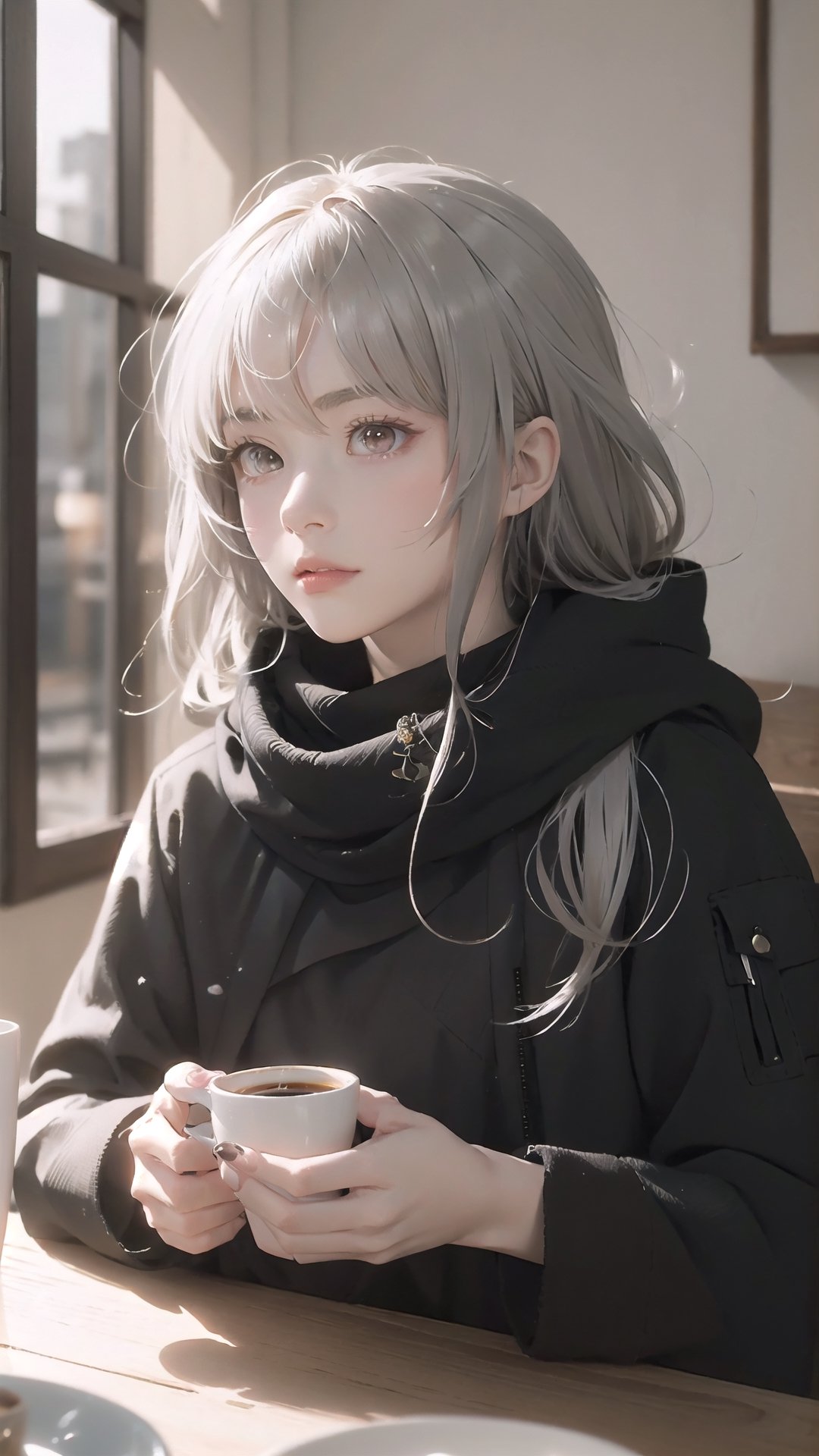 amiya(arknights), 1girl,8k wallpaper,extremely detailed figure, amazing beauty, detailed characters, {detailed background},aestheticism, sitting, winter, coffee shop, corner, coat, scarf, large breasts, gray hair, red eyes, emotionless, obedient, obedient, thick eyebrows, small nose, full lips, long eyelashes, delicate neck, slender shoulders, bare arms, delicate hands, long fingers, pointed nails, high cheekbones, oval face, smooth skin, rosy cheeks, cup of coffee, saucer, steam, warm, cozy, comfortable, relaxed, calm, quiet, peaceful, serene, contemplative, close-up, best quality, amazing quality, very aesthetic, absurdres, Christmas dresses 