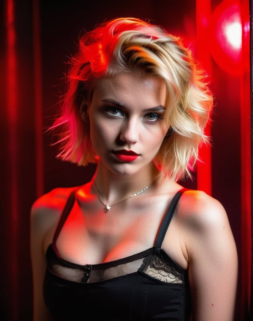 Facial Portrait of Sexy Very young submissive whore teen, in red light district, blonde weird hair with undercut, it is dark, she is illuminated by a weak red light shining through smoke in background, Her face is sweaty,Masterpiece