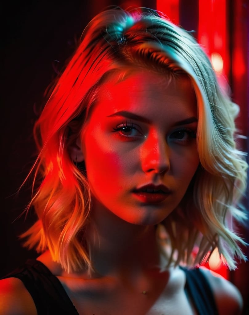 Facial Portrait of Sexy Very young submissive whore teen, in red light district, blonde weird hair with undercut, it is dark, she is illuminated by a weak red light shining through smoke in background, Her face is sweaty,Masterpiece