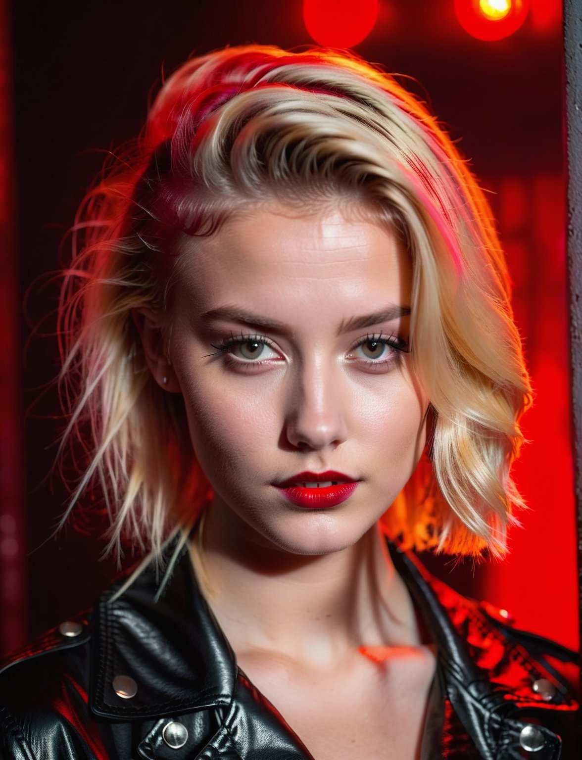 Facial Portrait of Sexy Very young submissive whore teen, in red light district, blonde weird hair with undercut, it is dark, she is illuminated by a weak red light shining through smoke in background, Her face is sweaty,Masterpiece