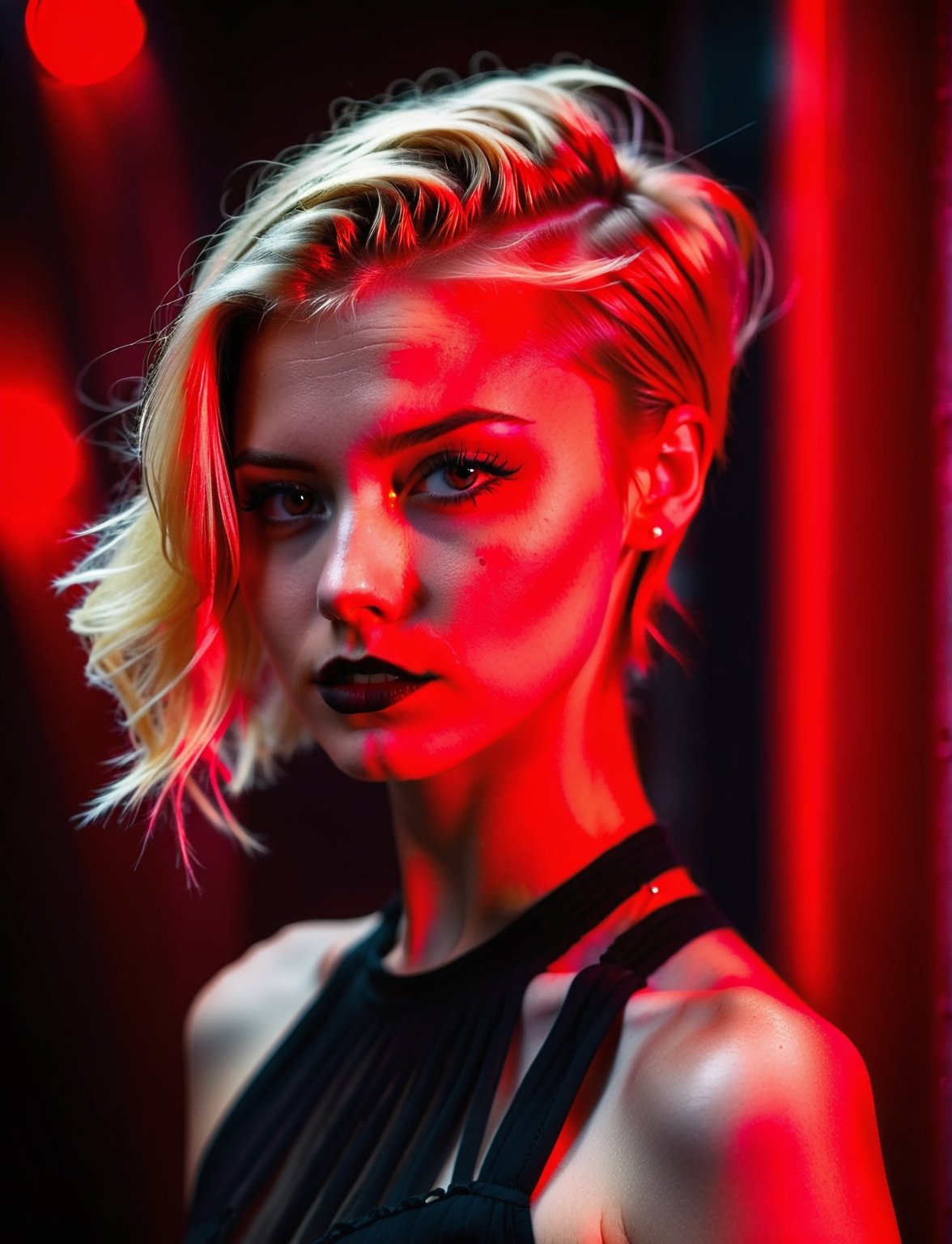 Facial Portrait of Sexy Very young submissive whore teen, in red light district, blonde weird hair with undercut, it is dark, she is illuminated by a weak red light shining through smoke in background, Her face is sweaty,Masterpiece