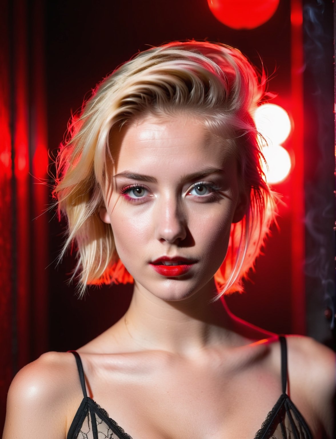 Facial Portrait of Sexy Very young submissive whore teen, in red light district, blonde weird hair with undercut, it is dark, she is illuminated by a weak red light shining through smoke in background, Her face is sweaty,Masterpiece