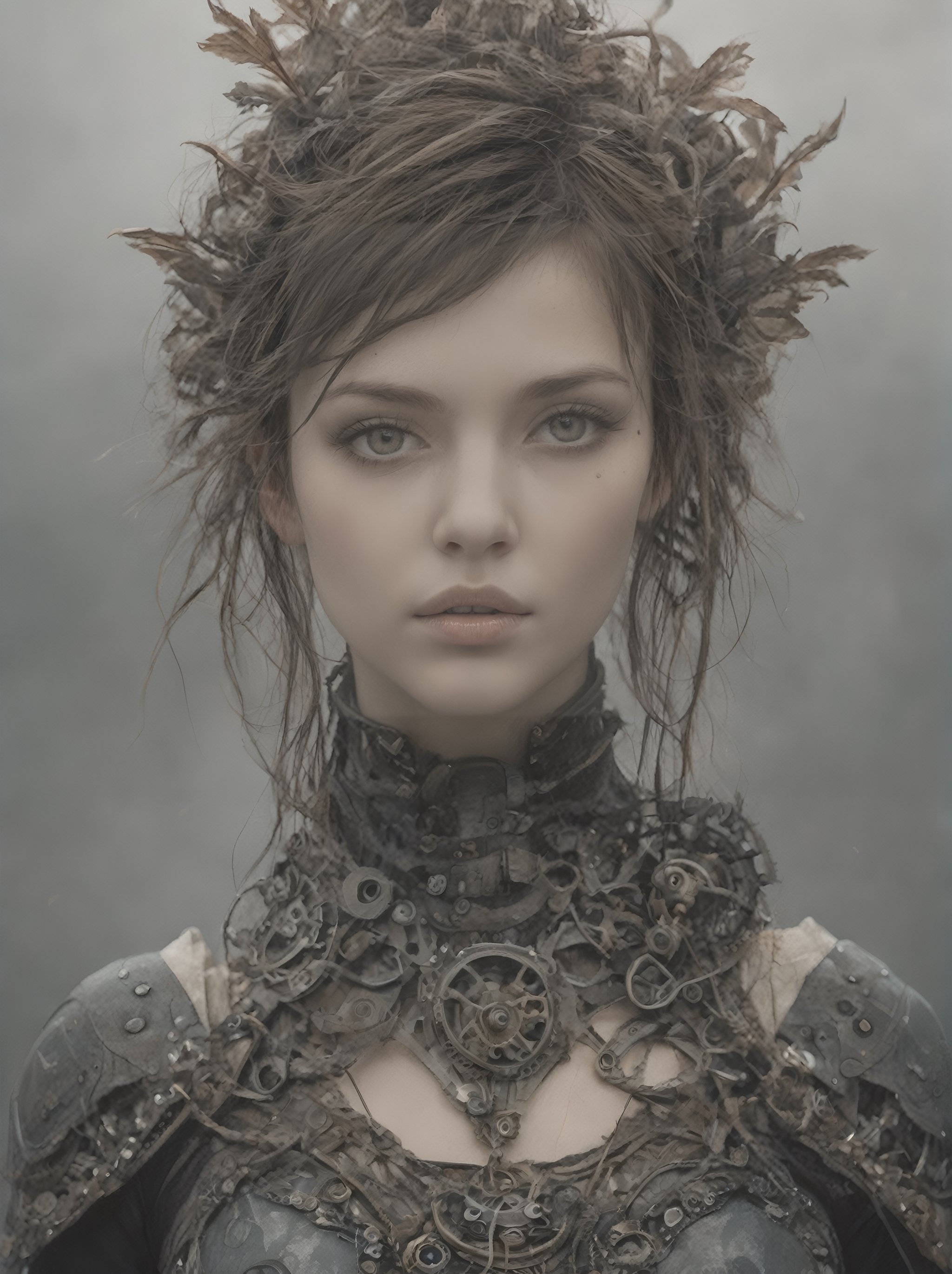 Cyborg fairy, intricate half body portrait, detailed portrait, photorealistic, weird hair with undercut, foggy background, steampunk style