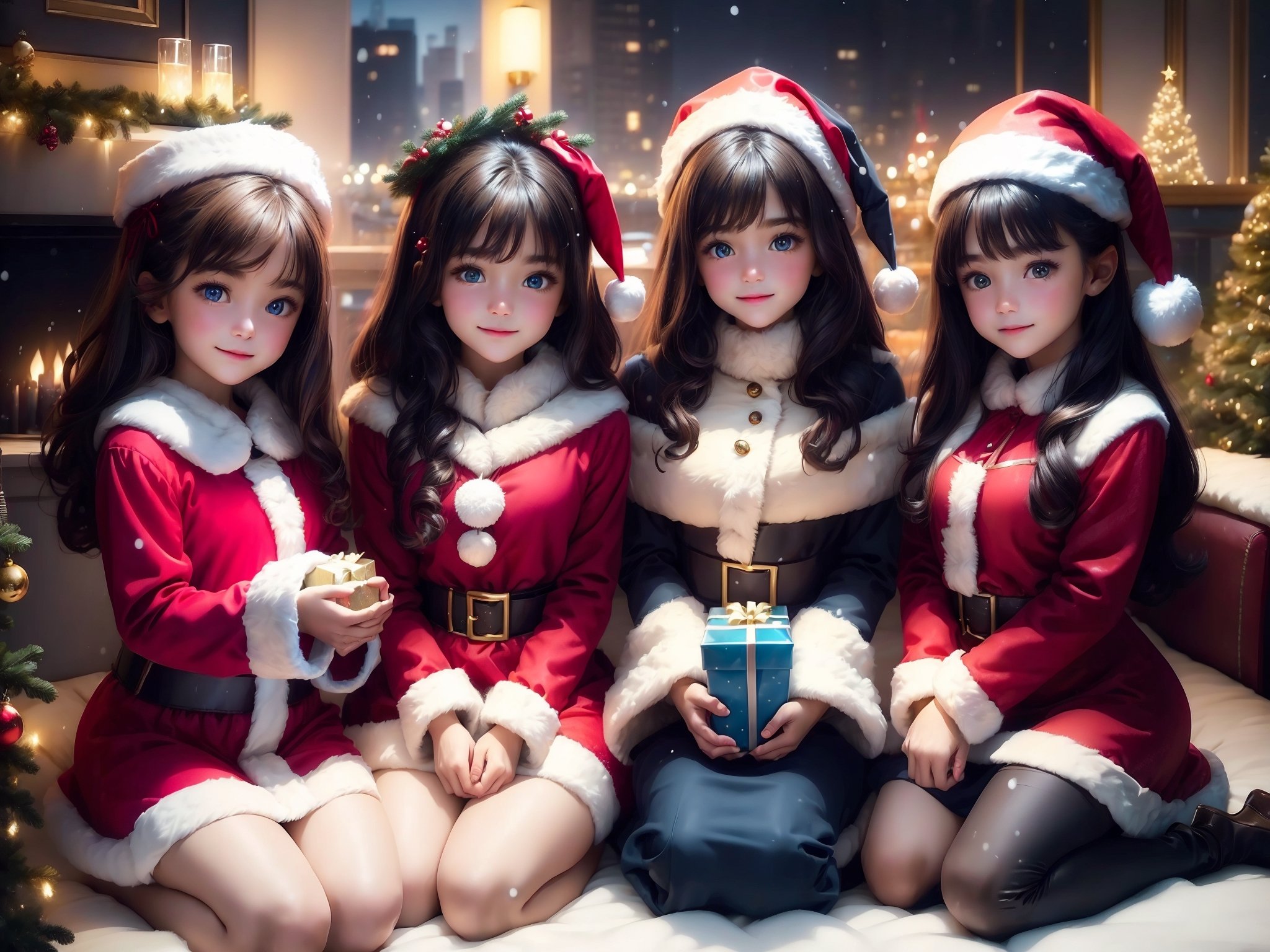 (3girls:1.3), (Extremely cute cute face, utra detailed amazing face and eyes), 10yo, aquamarine blue color, detailed iris, realistic, Santa hat, Christmas, long dark black hair, tan, long sleeves, red sweater, tender smile, christmas tree, landscape, fireplace, window, sofa, table, indoors, cityscape, christmas lights, christmas decorations, building, night, chair, city, carpet, lamp, rug, city lights, snowing, stuffed animal, Curtains, candle, gift box, Stuffed animal, snow, glass, pillow, instrument, skyscraper, sky, teddy bear, cushion, (Best quality: 1.4), (best resolution) 16K, HDR10+, photo realistic, photographs in gross, professional photography, girls full body focus, long beautiful legs, sexy costume, Santa Claus,Santa hat