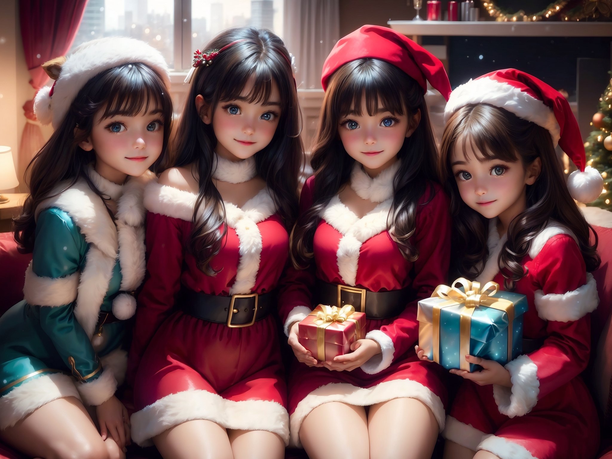 (3girls:1.3), (Extremely cute cute face, utra detailed amazing face and eyes), 10yo, aquamarine blue color, detailed iris, realistic, Santa hat, Christmas, long dark black hair, tan, long sleeves, red sweater, tender smile, christmas tree, landscape, fireplace, window, sofa, table, indoors, cityscape, christmas lights, christmas decorations, building, night, chair, city, carpet, lamp, rug, city lights, snowing, stuffed animal, Curtains, candle, gift box, Stuffed animal, snow, glass, pillow, instrument, skyscraper, sky, teddy bear, cushion, (Best quality: 1.4), (best resolution) 16K, HDR10+, photo realistic, photographs in gross, professional photography, girls full body focus, long beautiful legs, sexy costume, Santa Claus,Santa hat