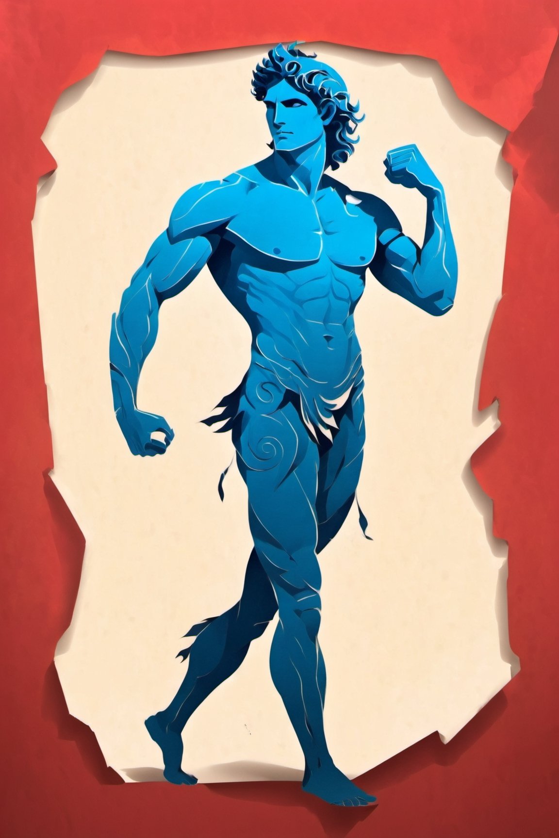 2D silhouette art of Nude Male Greek God Apollon
, fusion between pop art and art deco styles, light crimson, ocean blue, ripped paper effect, torned parper effect, (full body shot), long shot, vectorized, bold lines, bold outlines, best quality, strong ink lines,vector,art