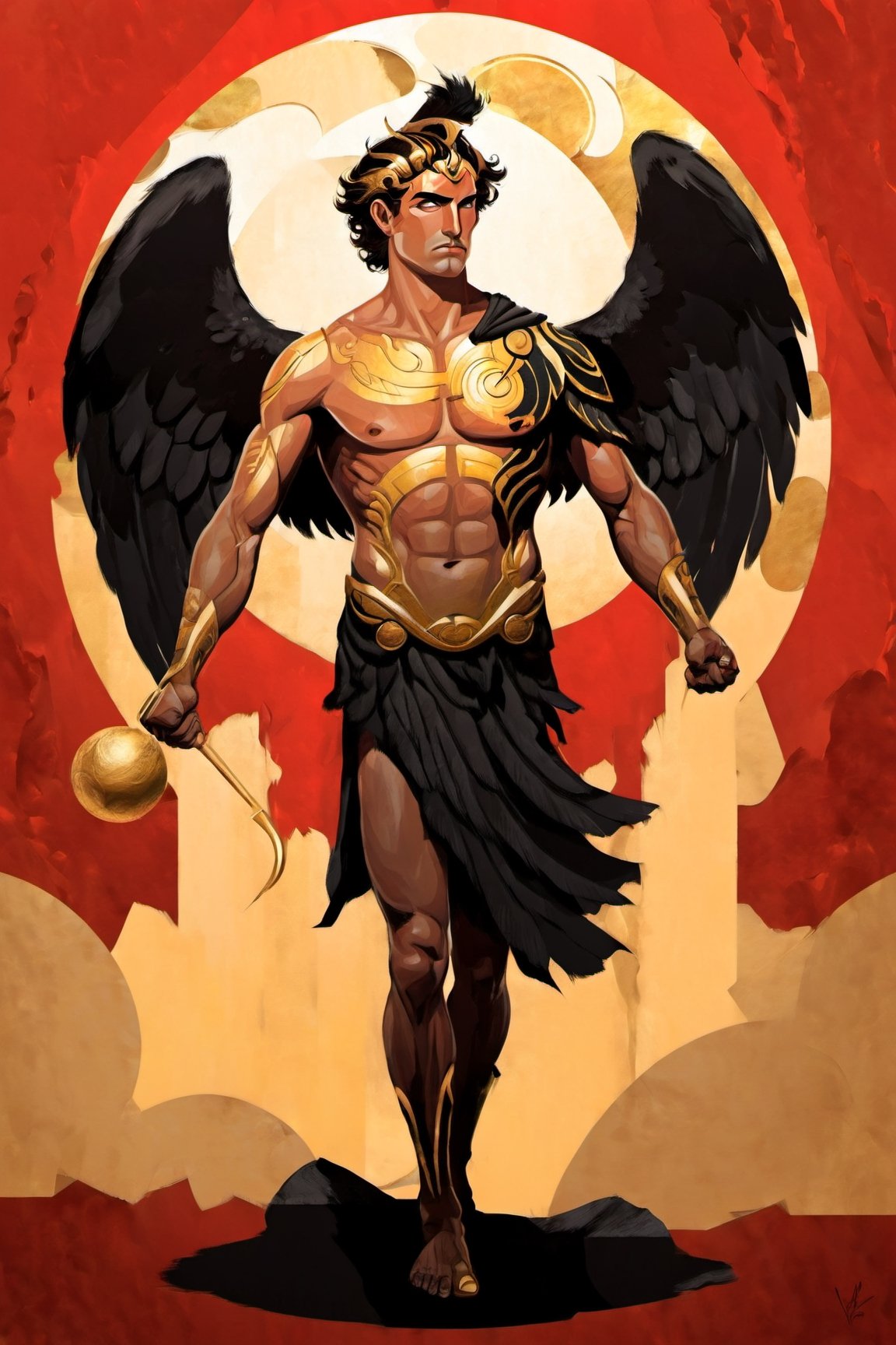 2D silhouette art of Nude Male Greek Demigod yung Ganymede
, fusion between pop art and art deco styles, golden, red, black, ripped paper effect, torned parper effect, (full body shot), long shot, vectorized, bold lines, bold outlines, best quality, strong ink lines,vector,art