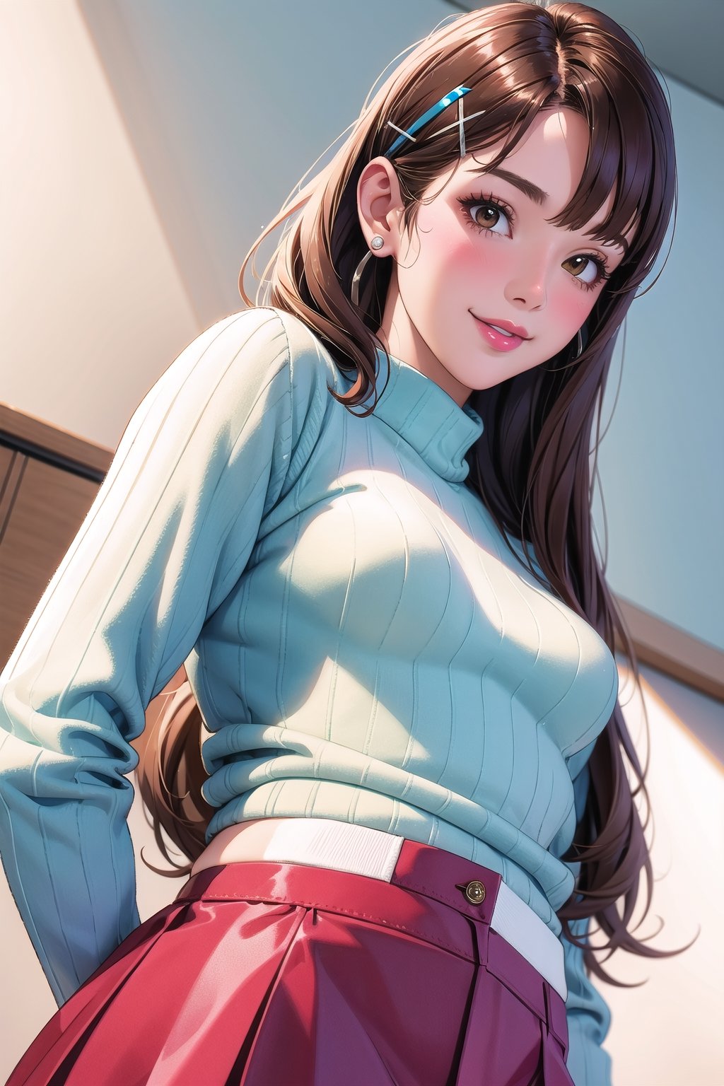 Masterpiece, best quality:1.1, 8k, absurdres, ultra realistic, ultra detailed, 1girl, korean, bright skin tone, upper body, from below, slim petite body, small breast, volumetric lighting, long messy hairstyle, beautiful bangs, hairpins, lipgloss, nose contour, light shade blush, cute smile, red shrugs, white ribbed sweater, red mini skirt, white visible panties, pantyhoes, 