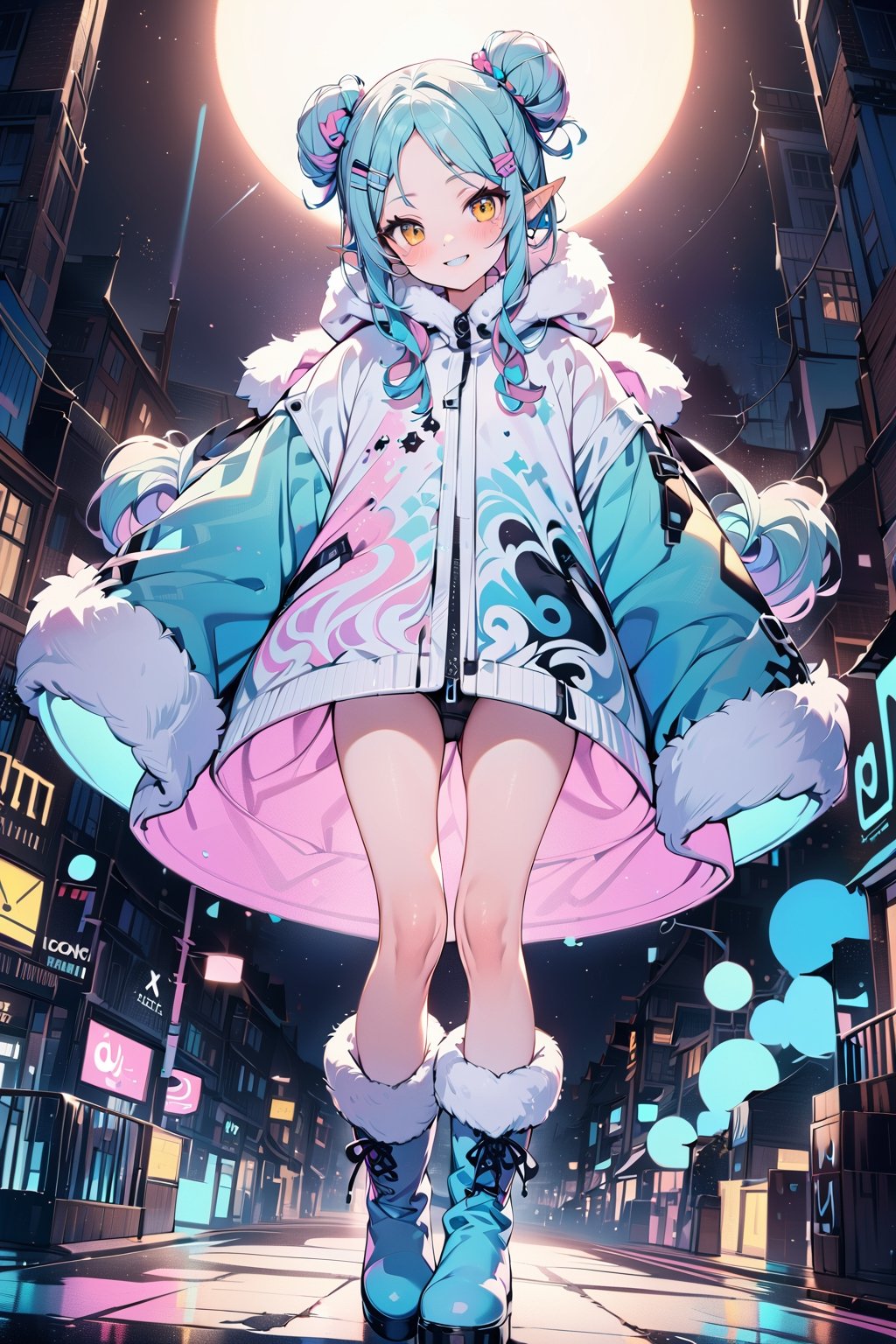 masterpiece, best quality, 8k HD, brillint lighting effect, sharp quality, intricate details:0.8,ultra resolution, cold color scheme, pastel ink, 1girl , korean, full body, cute smile, intricate detailed yellow eyes , pointy face,(silver_color_with_streaks_tied_bun_hairstyle, beautiful bangs, curls, forehead, hairclip), Nordic fur, fur boots, Dracula teeth, elf ears, more detail XL,