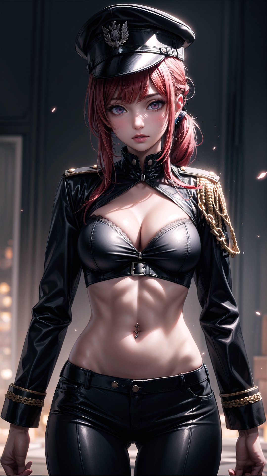 best quality:1.2, masterpiece, by wlop, Anime, illustration, absurdres, 8k, upper-body, face focus, volumetric lighting,bright colors, slim body, detailed small breast, cleavage, cute face, red detailed eyes, messy long ponytail red hair, bangs, hairpin, British skin tone, navel piercing, thick thighs, volumetric lighting, ultrarealistic,ultra detailed, chains, gun in hand, militry uniform, military hat,