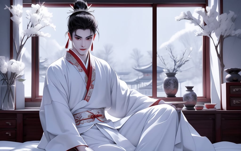 Ancient Chinese Song Dynasty, summer, midnight, moon, in the bedroom, a young man with a bun, white clothes, wide eyes, panic, horror, fear, holding a knife in his hand,
Plant Chinese classical furniture room, stage angle, dynamic angle

, full body picture, picture book illustration, Chinese style, panoramic lens, exquisite facial features, perfect face shape, beautiful lines, best picture quality, higher picture quality, high details, ultra-high resolution 8k
