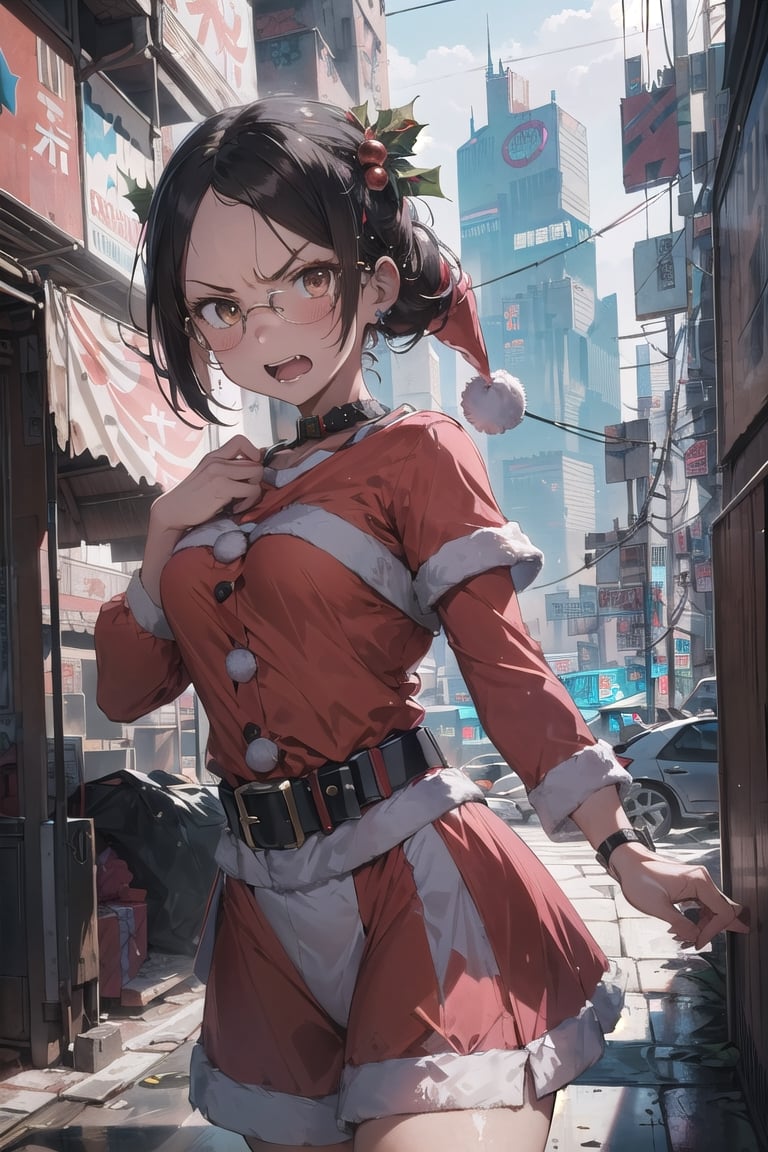 (absurdres, highres, ultra detailed), (1girl:1.3), (beautiful and aesthetic:1.3), brown_eyes, black_hair, straight hair, , (forehead:1.3), glasses, smile, BREAK (Santa Claus:1.3),(Cyberpunk Santa's sleigh:1.5),(angry:1.5),
