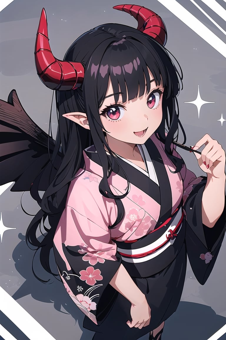 illustration of women,(anime style),(flat:1.5),BREAK,
1women,solo,(happy:1.3),(glow:1.4),(sparkling reflection red eyes:1.3),break,(wavy long black hair:1.5),(blunt bangs),(black angel wings:1.5),(black kimono:1.2),BREAK
(Devil's horns:1.4),happy new year,(symmetrical:1.2),(from above:1.2),upper body,parted_lips,