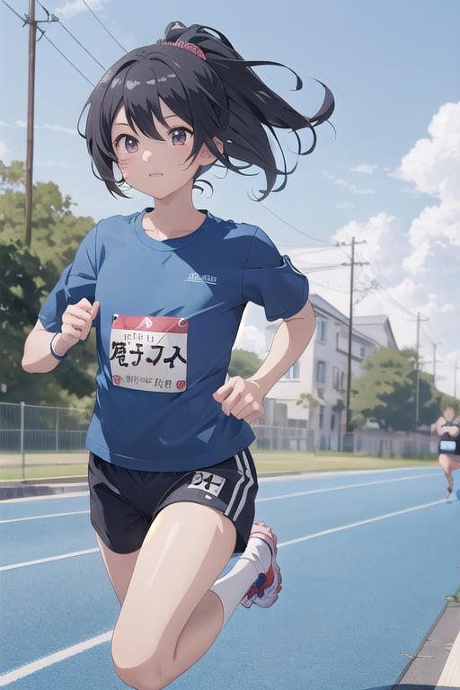 1girl,cute,(anime:1.3), black_hair,jogging, ,(running:1.5),blue T-shirt 