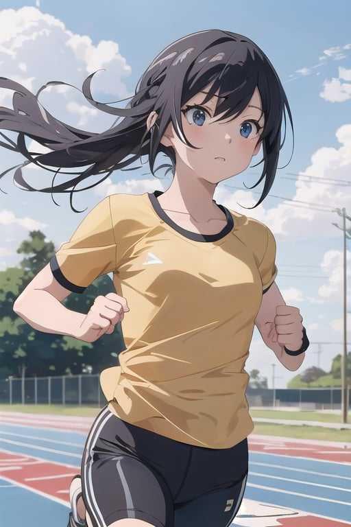 1girl,cute,(anime:1.3), black_hair,jogging, ,(running:1.5),blue T-shirt 