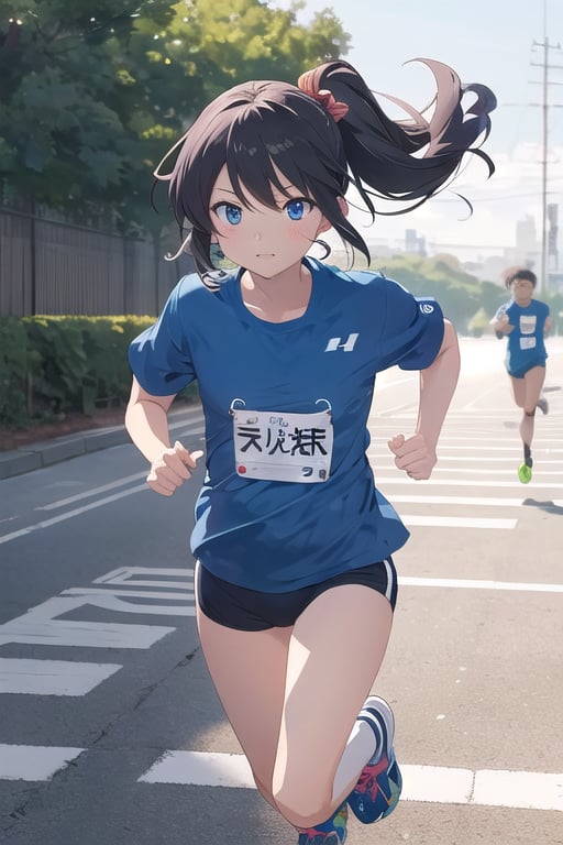 1girl,cute,(anime:1.3), black_hair,jogging, ,(running:1.5),blue T-shirt 