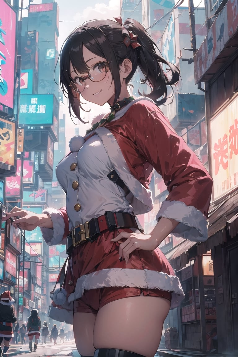 (absurdres, highres, ultra detailed), (1girl:1.3), (beautiful and aesthetic:1.3), brown_eyes, black_hair, straight hair, , (forehead:1.3), glasses, smile, BREAK (Santa Claus:1.3),(Cyberpunk Santa's sleigh:1.5)
