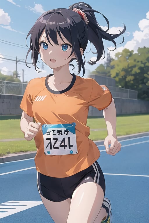 1girl,cute,(anime:1.3), black_hair,jogging, ,(running:1.5),blue T-shirt 