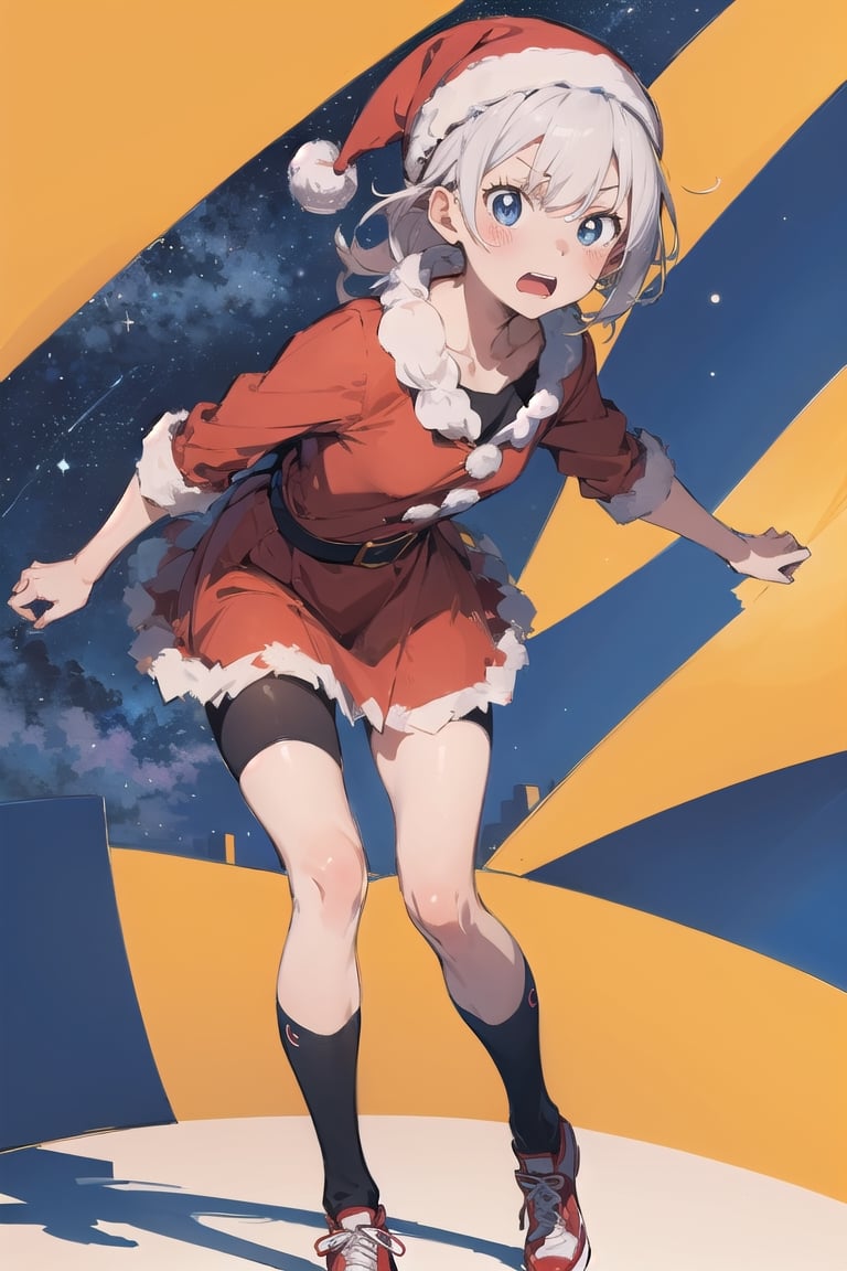 (cubism:1.5)(anime style), (flat:1.5), BREAK, 1girl, solo, (santa claus clothes), white hair, bangs bangs, full body, Looking viewer, (afraid:1.8),