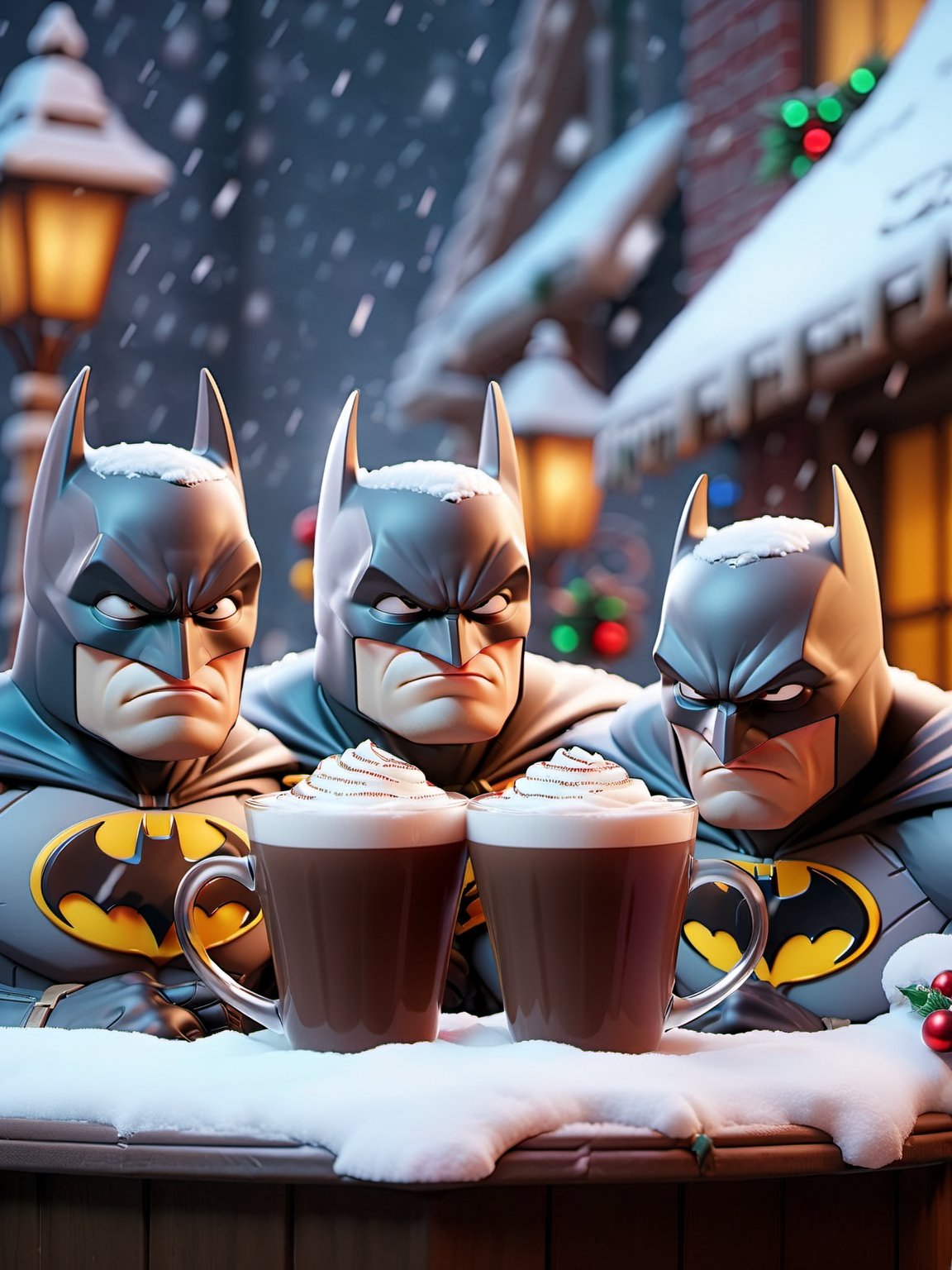 Batman and 3 bank robbers, holding hands, singing, laught, drinking hot chocolate in a snow (\hyperrealistic, ultra-detailed, glass material), perfect shape, Christmas, winter, Christmas, add colorful lights, beautiful decorative base, (vivid color, colorful:1.3), cinematic, hyperrealistic, photorealistic, and ultra-detailed,