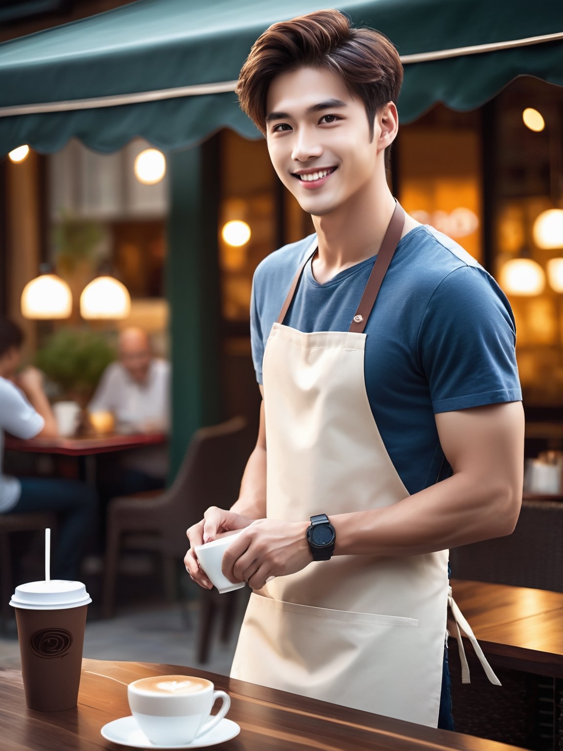 1 boy (full body:3.5, asian, gray eyes, attractive, smile, brown hair, high contrast), t-shirt, dark aprons, denim jean, exquisite details and textures, an instagram model, warm tone, siena natural ratio, ultra realistic, ultra detailed, more flowing rhythm, elegant, beautiful and aesthetic, add soft blur with thin line, (waiter serving coffee to customers sitting outside the cafe table), soft lighting, low contrast, (bright and intense:1.2), (muted colors, dim colors, soothing tones:0), (vibrant color:1.4), wide angle shot, cinematic lighting, ambient lighting, cinematic shot, (RAW photo, best quality), hyperrealistic, photorealistic, ultra-detailed, realistic photo, best quality, masterpiece, 16K, (HDR:1.4), 