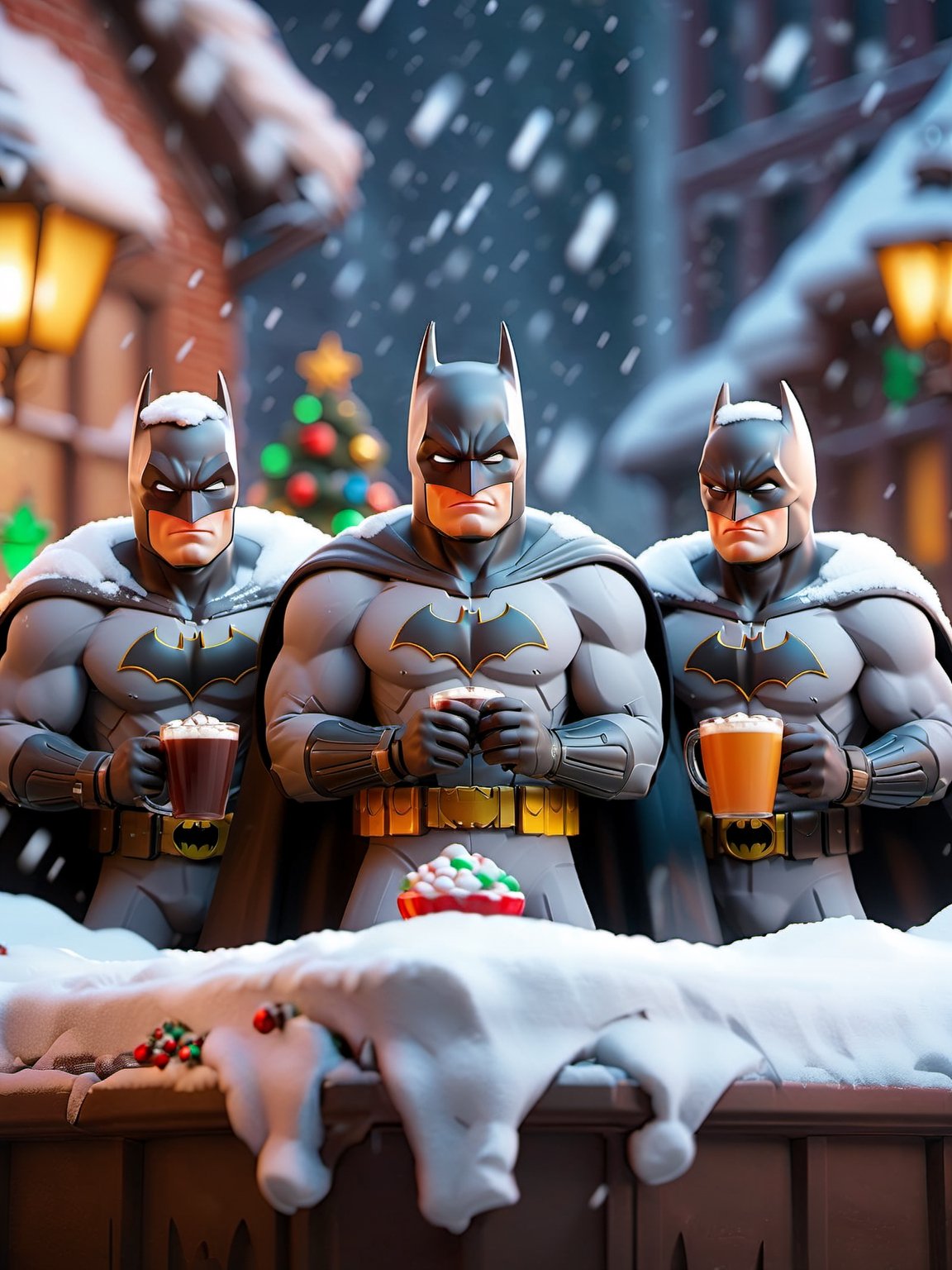 Batman, (3 bank robbers), holding hands, singing, happy, drinking hot chocolate in a snow (full-body:3, \hyperrealistic, ultra-detailed, glass material), perfect shape, Christmas, winter, Christmas, add colorful lights, beautiful decorative base, (vivid color, colorful:1.3), cinematic, hyperrealistic, photorealistic, and ultra-detailed,