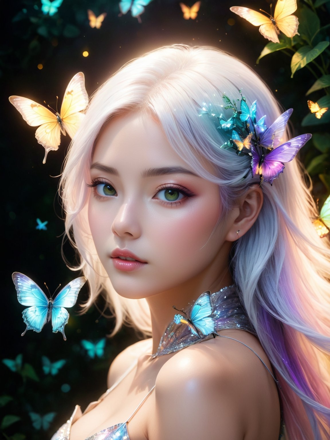 1girl, 20 year old asian beauty, mature female:2, extreme close-up shot, high angle shot (holographic iridescent gradient) butterflies, glowing butterflies, dramatic lighting, realistic artwork, high detailed, with glowing backlit panels, anatomical plants, black background:1.7, grainy:3, shiny:3, vibrant colors, colorful (yellow, white, pink, green, light blue, light purple), ((realistic skin)), contrasting shadows:4, photographic, aura_glowing, colored_aura, transparent_clothing, (transparent_butterflies are part of her body), sleeping:1.3, ((depth_of_field)), epic pose, realism, dreamy, complex background, enchanting dark forest background, very complex background, dreamy background, colorful fireflies, detailed face, glowing white dress, glowing translucent hair, white hair, long hair, photo realistic, niji style,