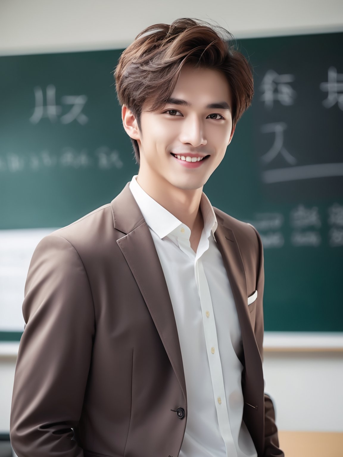 1 boy (full body:3.5, asian, gray eyes, attractive, smile, brown hair, high contrast), teacher outfit, smart casual wear, t-shirt and a suit, jean, exquisite details and textures, an instagram model, warm tone, siena natural ratio, ultra realistic, ultra detailed, more flowing rhythm, elegant, beautiful and aesthetic, add soft blur with thin line, (teaching in chemistry class), soft lighting, low contrast, (bright and intense:1.2), (muted colors, dim colors, soothing tones:0), (vibrant color:1.4), wide angle shot, cinematic lighting, ambient lighting, cinematic shot, (RAW photo, best quality), hyperrealistic, photorealistic, ultra-detailed, realistic photo, best quality, masterpiece, 16K, (HDR:1.4), 