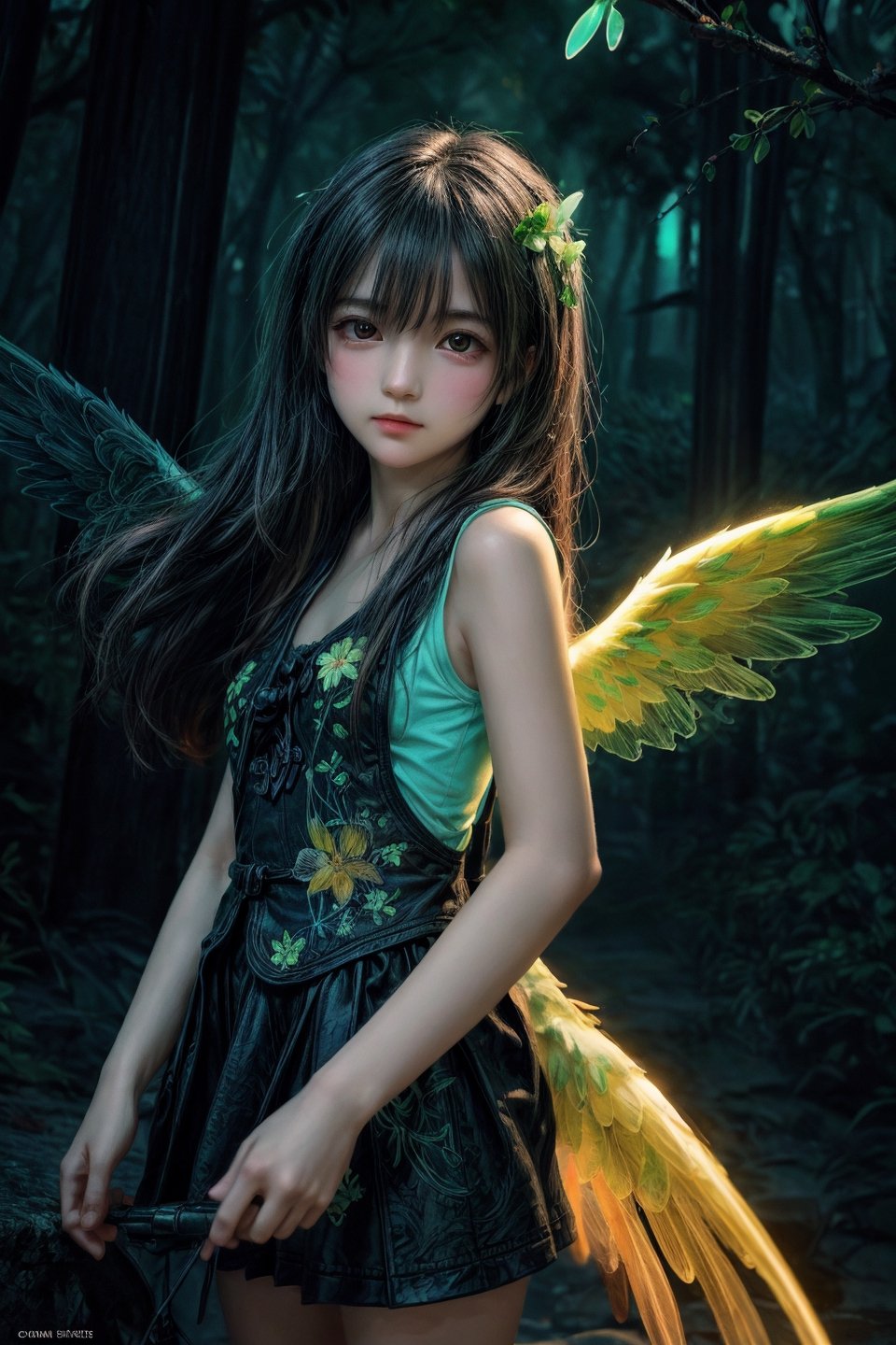 Ultra detailed illustration of a young angel lost in a magical world of wonders, glowy, wing, bioluminescent flora, incredibly detailed, pastel colors, handpainted strokes, visible strokes, digital art, art by Mschiffer, night, dark,  (green and yellow bioluminescence:1) 