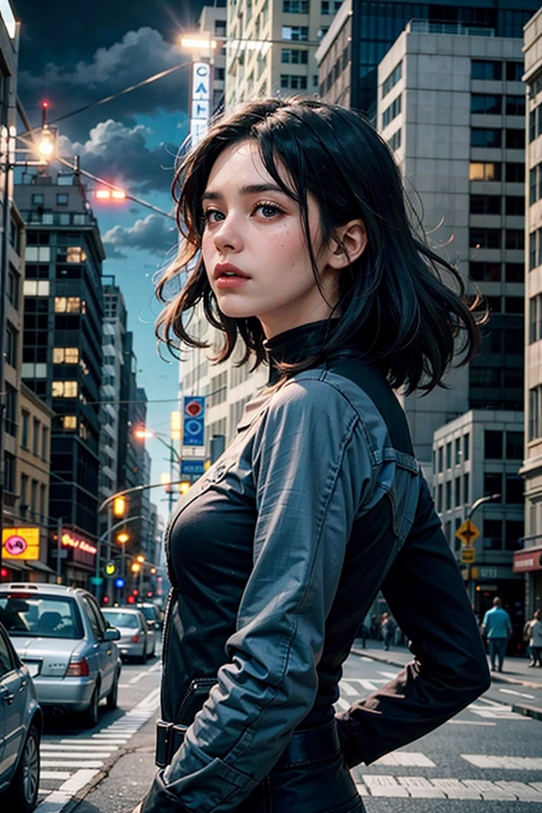 (masterpiece), (cinematic, city lights:1.2), city, overcast, 1girl, black hair, medium hair, wavy hair,Extremely Realistic,nightwing