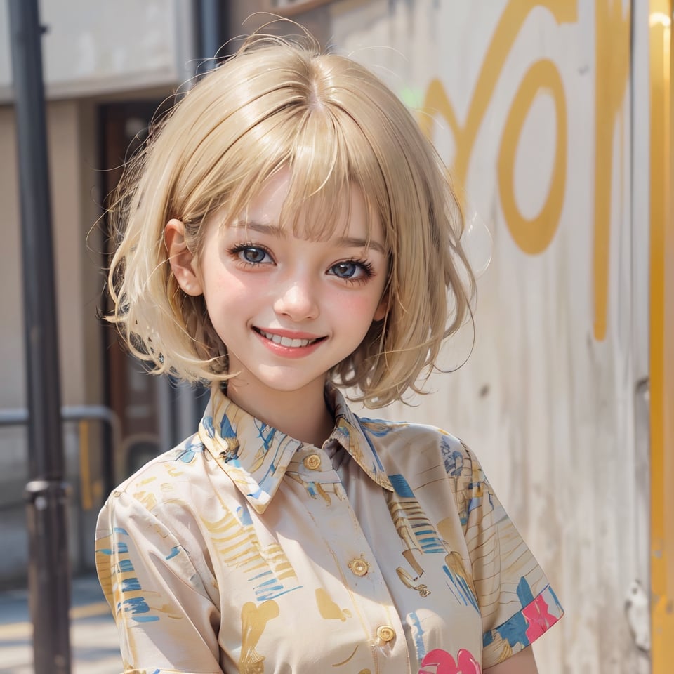 happy, smile, young girl, cool looking , short gold color hair , in colourful shirt , brown eyes,outdoor,